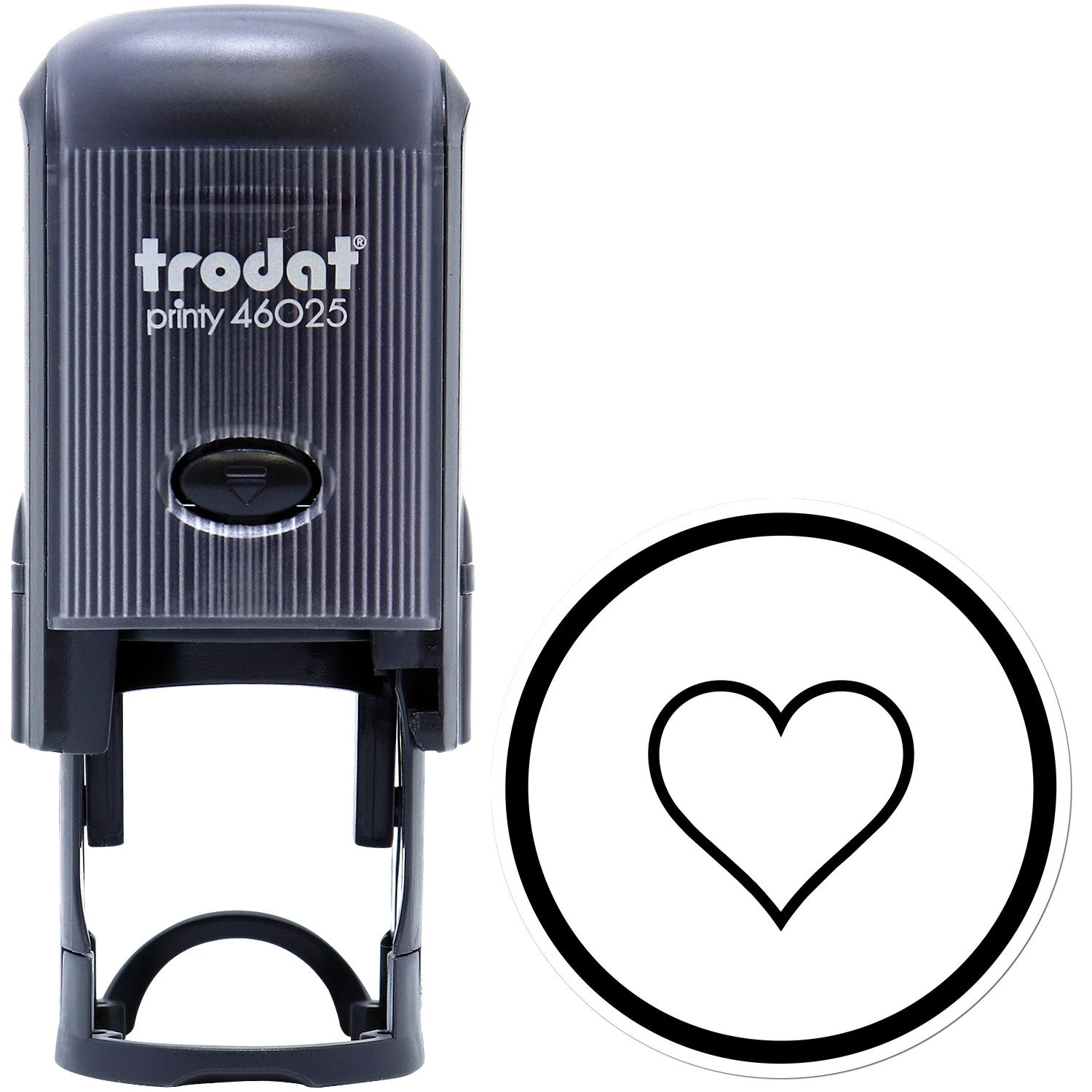 Self-Inking Heart of Simplicity Emojicons Stamp featuring a sleek black design with a heart symbol imprint. Perfect for adding a personal touch to stationery and crafts.