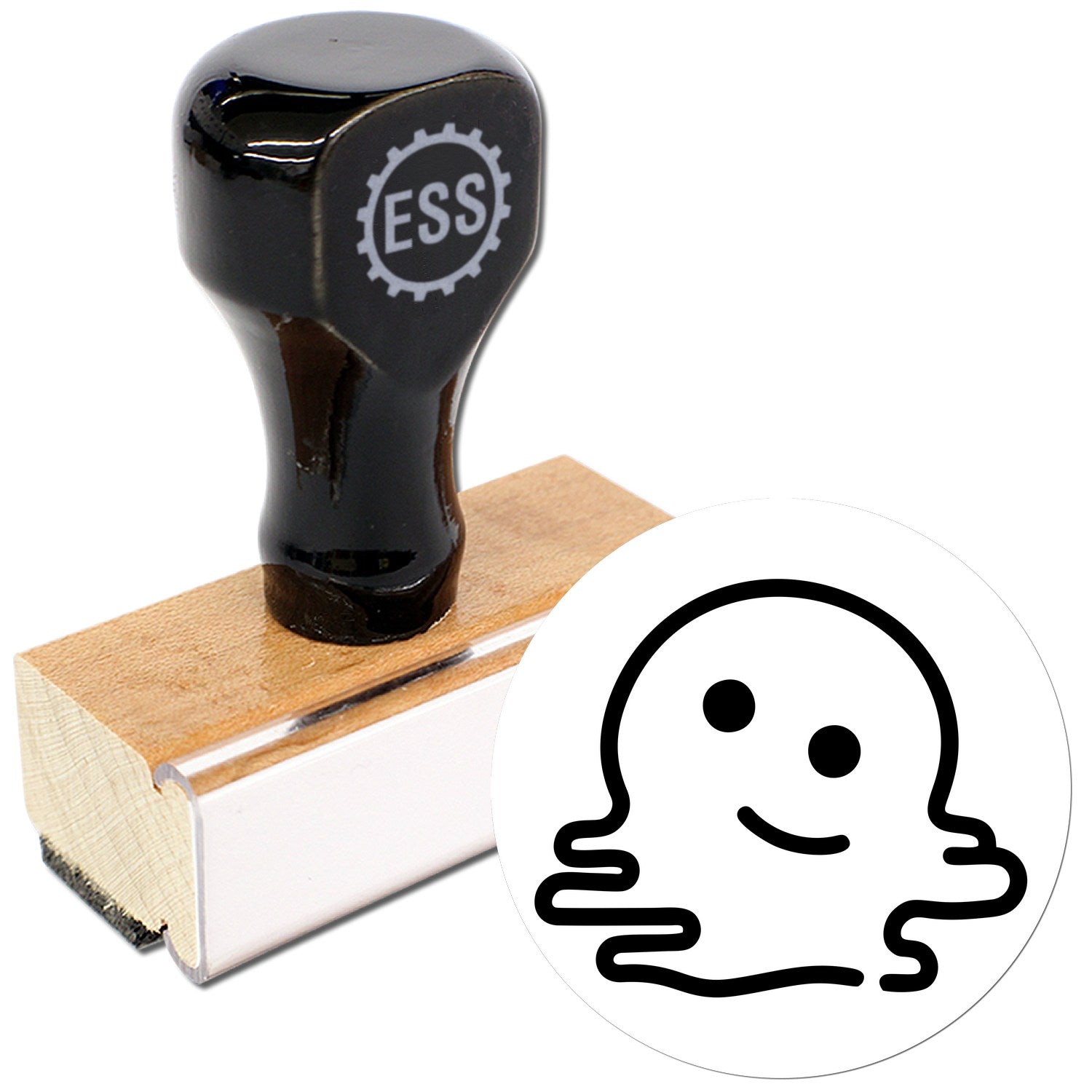 Wood Handle Melted Smile Emoji Rubber Stamp featuring a black handle and wooden base, with a playful melted smiley face design. Perfect for adding a fun touch to crafts and stationery.