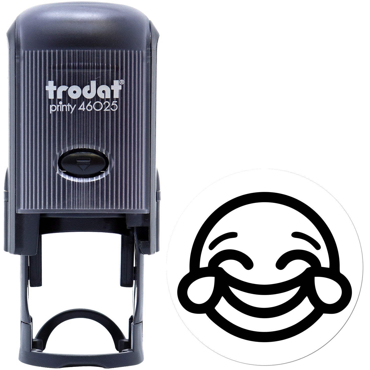 Self-Inking Cheeky Grin Emoji Stamp with black casing and a smiling face design. Perfect for adding fun to documents and crafts.