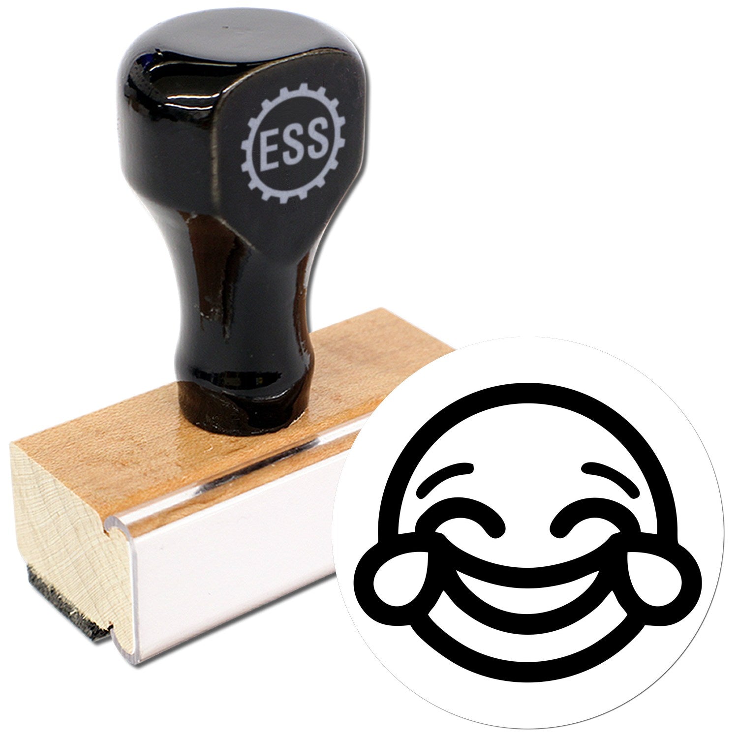 Wood Handle Cheeky Grin Emoji Rubber Stamp featuring a black handle and wooden base, with a smiling emoji design. Perfect for adding a playful touch to crafts and stationery.