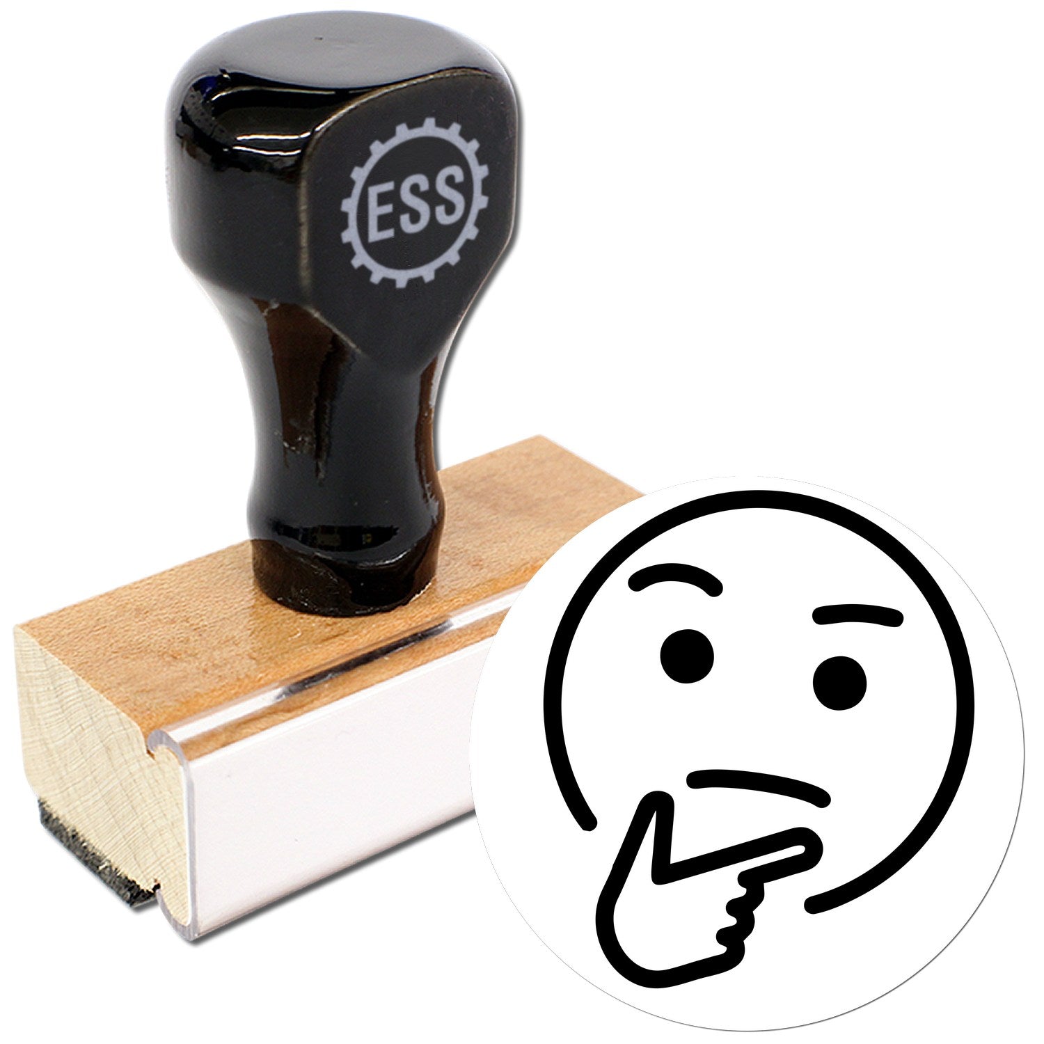 Wood Handle Pondering Pete Emoji Rubber Stamp with black top and wooden base, featuring a thinking face emoji design. Perfect for adding a thoughtful touch to your projects.