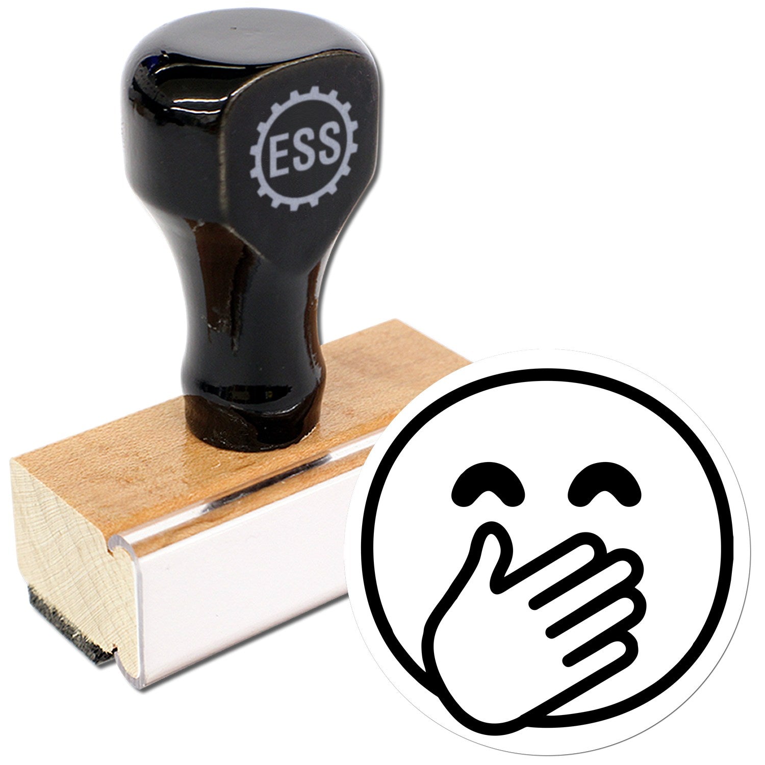 Wood Handle Giggling Gus Emoji Rubber Stamp featuring a black handle with ESS logo, wooden base, and a giggling emoji design. Perfect for adding a playful touch to crafts and stationery.