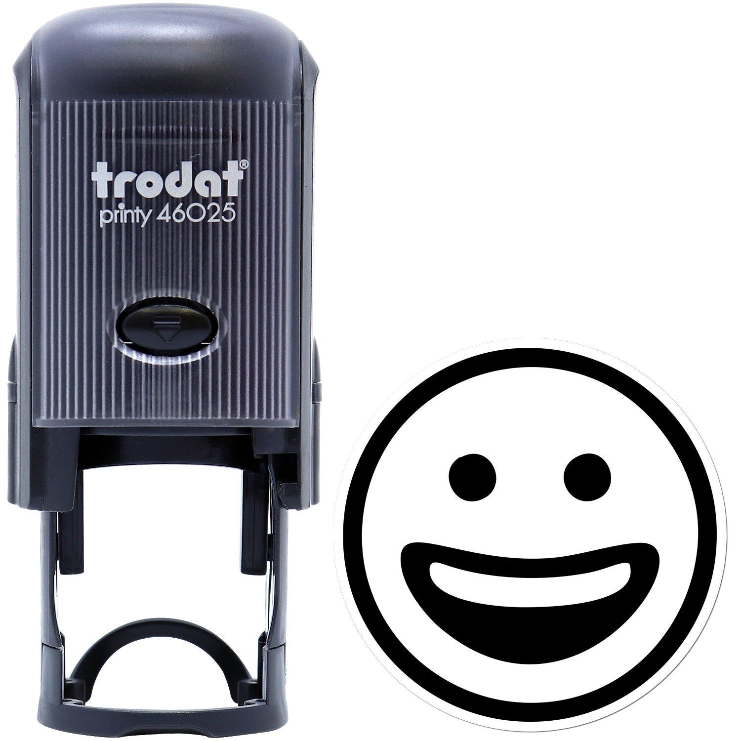 Self-Inking Classic Grin Emoji Stamp with black casing and a smiling face design, perfect for adding a cheerful touch to documents and crafts.