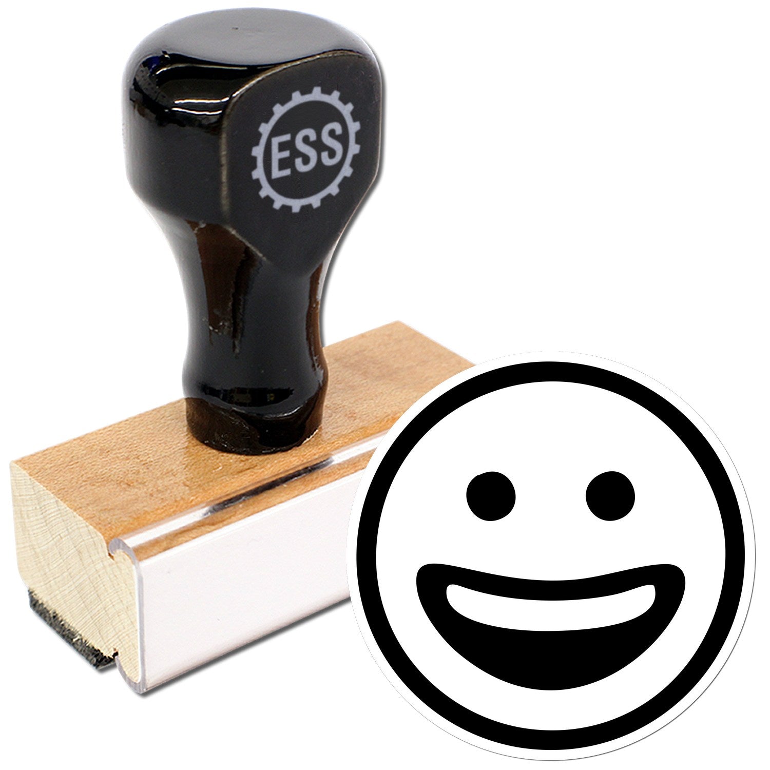 Wood Handle Classic Grin Emoji Rubber Stamp featuring a black handle with ESS logo, mounted on a wooden base, alongside a smiling emoji imprint. Perfect for crafting and personalization.