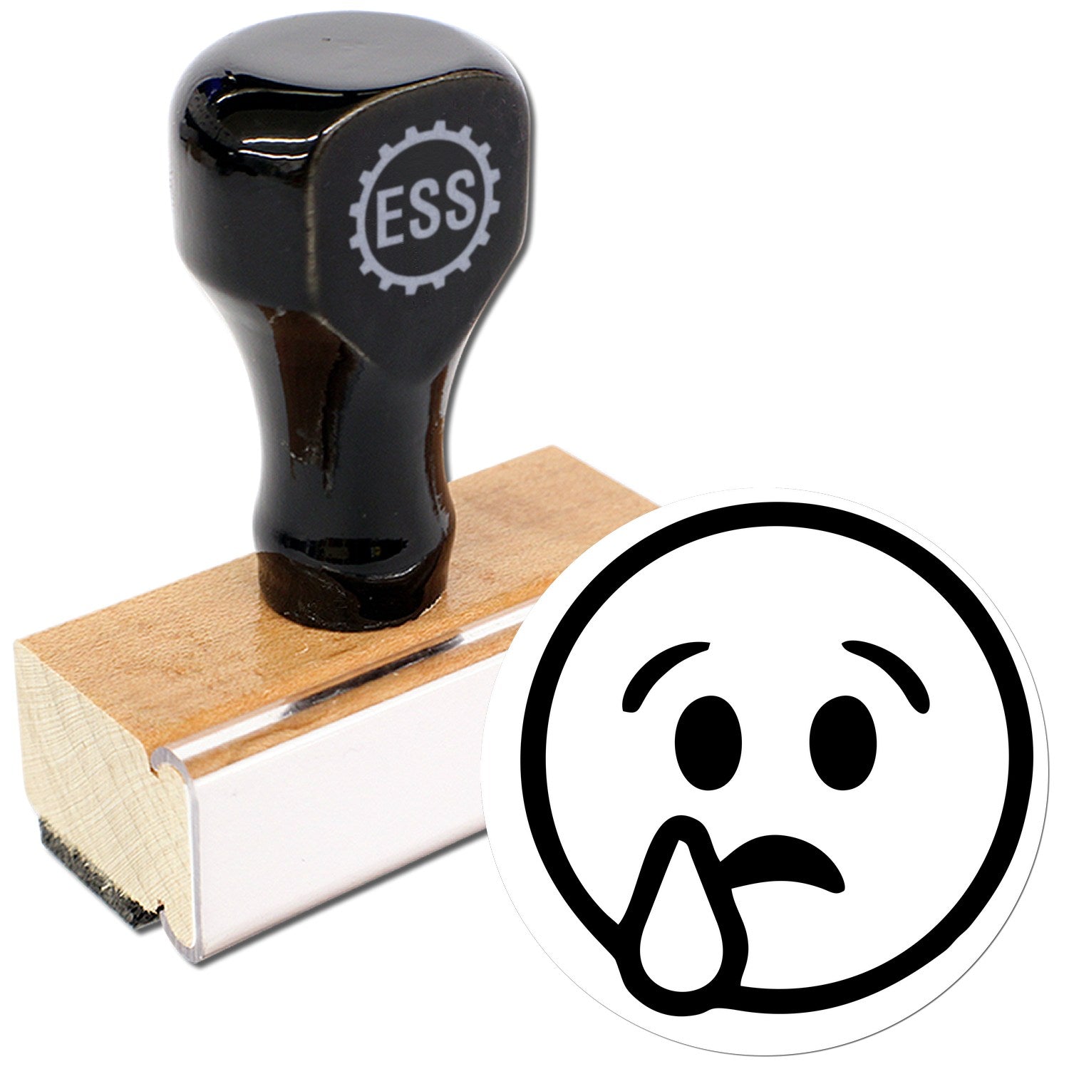 Wood Handle Sorrowful Droop Smiley Rubber Stamp with a black handle and wooden base, featuring a sad face design. Perfect for adding a touch of emotion to your projects.