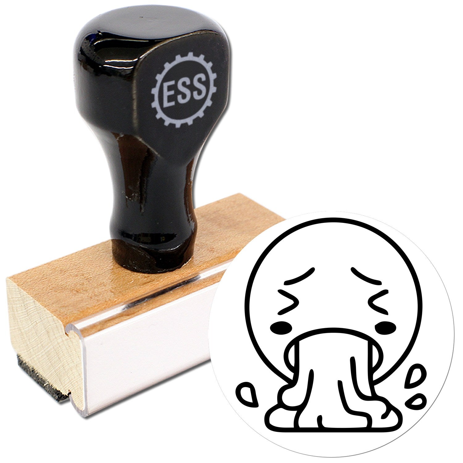 Wood Handle Queasy Quincy Pictogram Rubber Stamp featuring a black handle and wooden base, with a vomiting face design. Perfect for adding a humorous touch to documents and crafts.