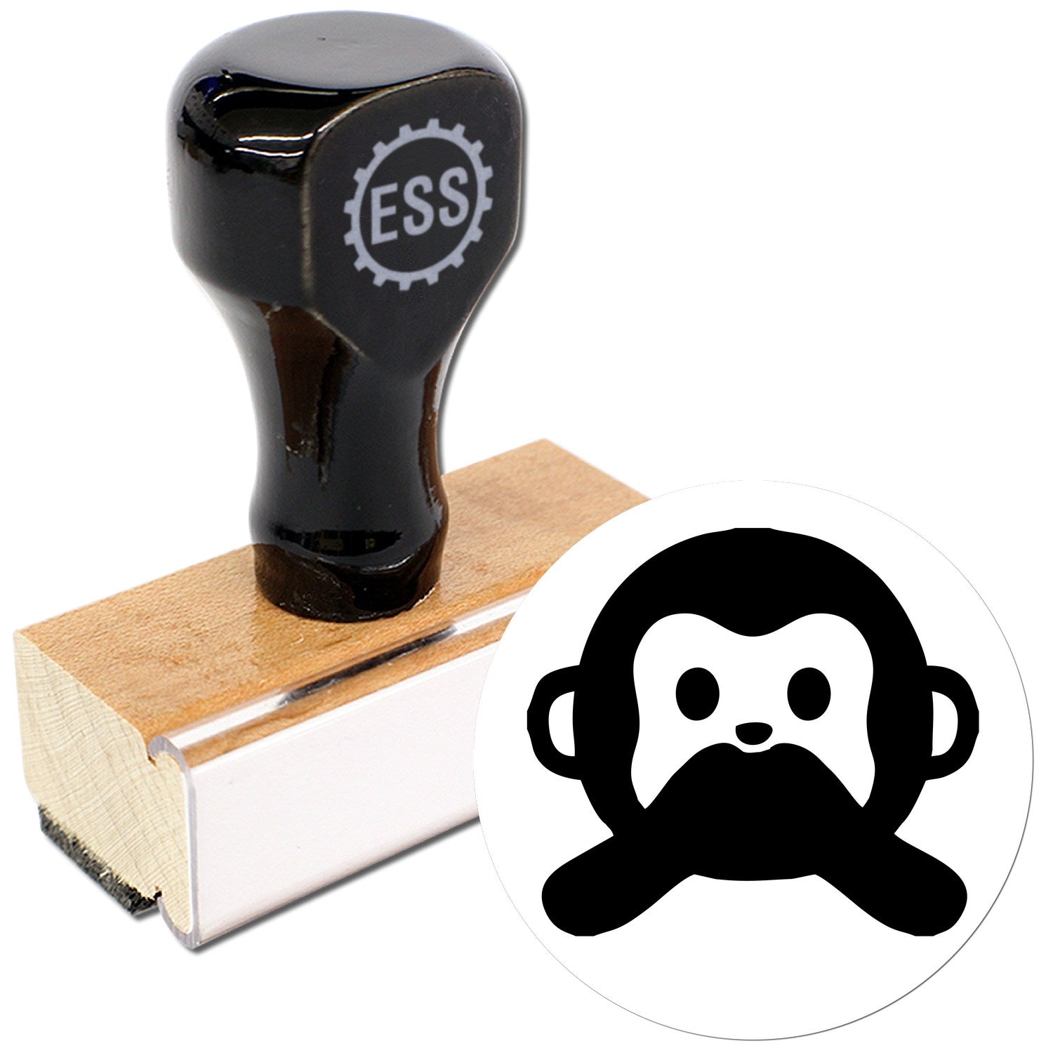 Wood Handle Mute Monkey Facial Expressions Rubber Stamp featuring a black handle and wooden base, with a playful monkey face design. Perfect for crafting and personalizing projects.