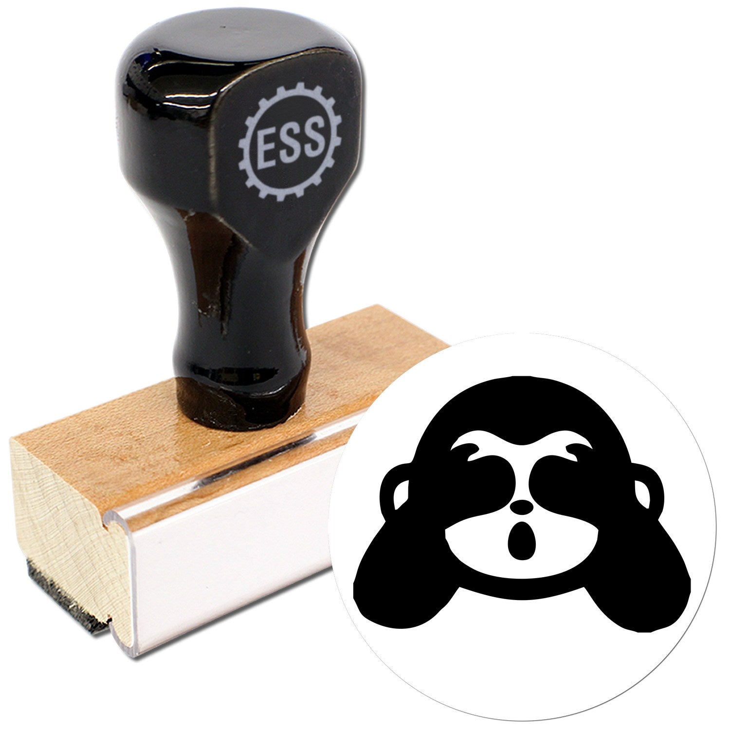 Wood Handle Blindfolded Monkey Emojicons Rubber Stamp featuring a black handle with ESS logo, wooden base, and a blindfolded monkey emoji design. Perfect for creative stamping projects.