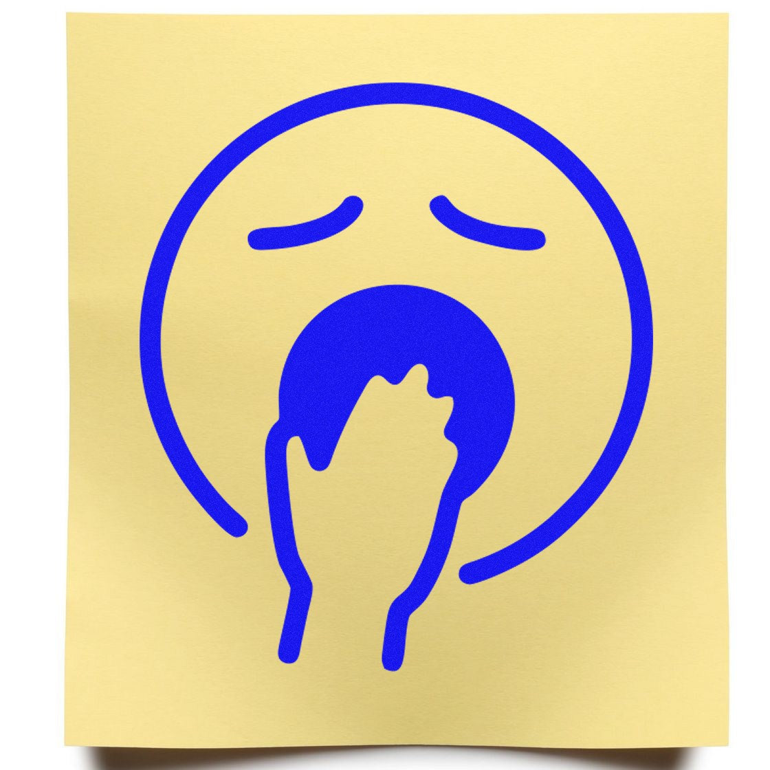 Wood Handle Yawning Yeti Emoji Rubber Stamp on yellow paper, featuring a blue yawning emoji with a hand covering its mouth. Perfect for adding a playful touch to crafts and stationery.