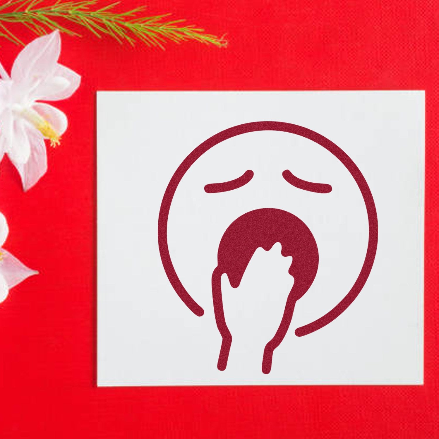 Wood Handle Yawning Yeti Emoji Rubber Stamp on red background, featuring a yawning emoji design. Perfect for adding a playful touch to crafts and stationery.