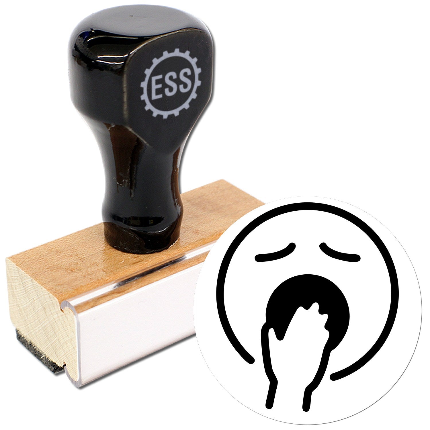 Wood Handle Yawning Yeti Emoji Rubber Stamp featuring a black handle with ESS logo, mounted on a wooden base. Includes a yawning yeti emoji design for creative stamping projects.