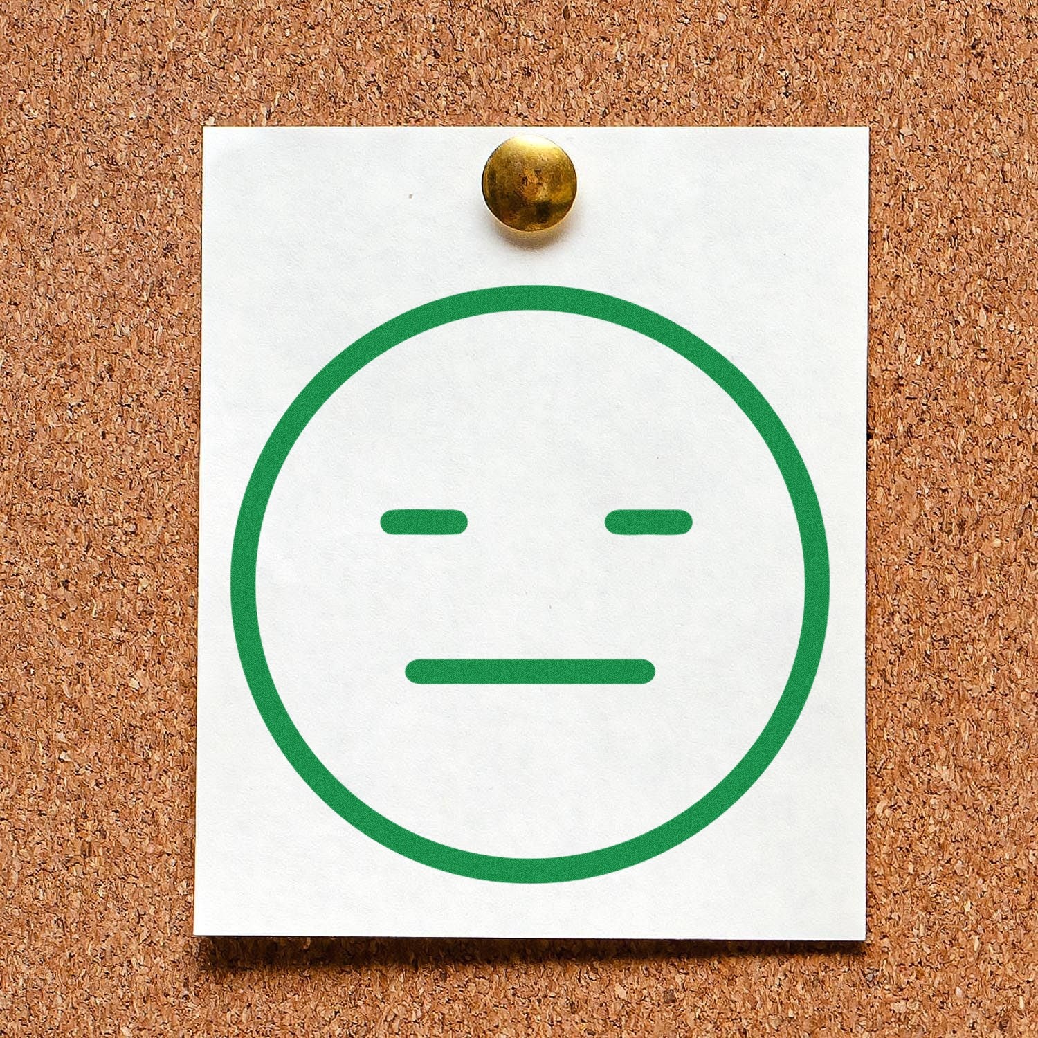 Wood Handle Meh Marvin Emoji Rubber Stamp on corkboard, featuring a green circle with a neutral face. Perfect for adding a touch of humor to your stationery or crafts.