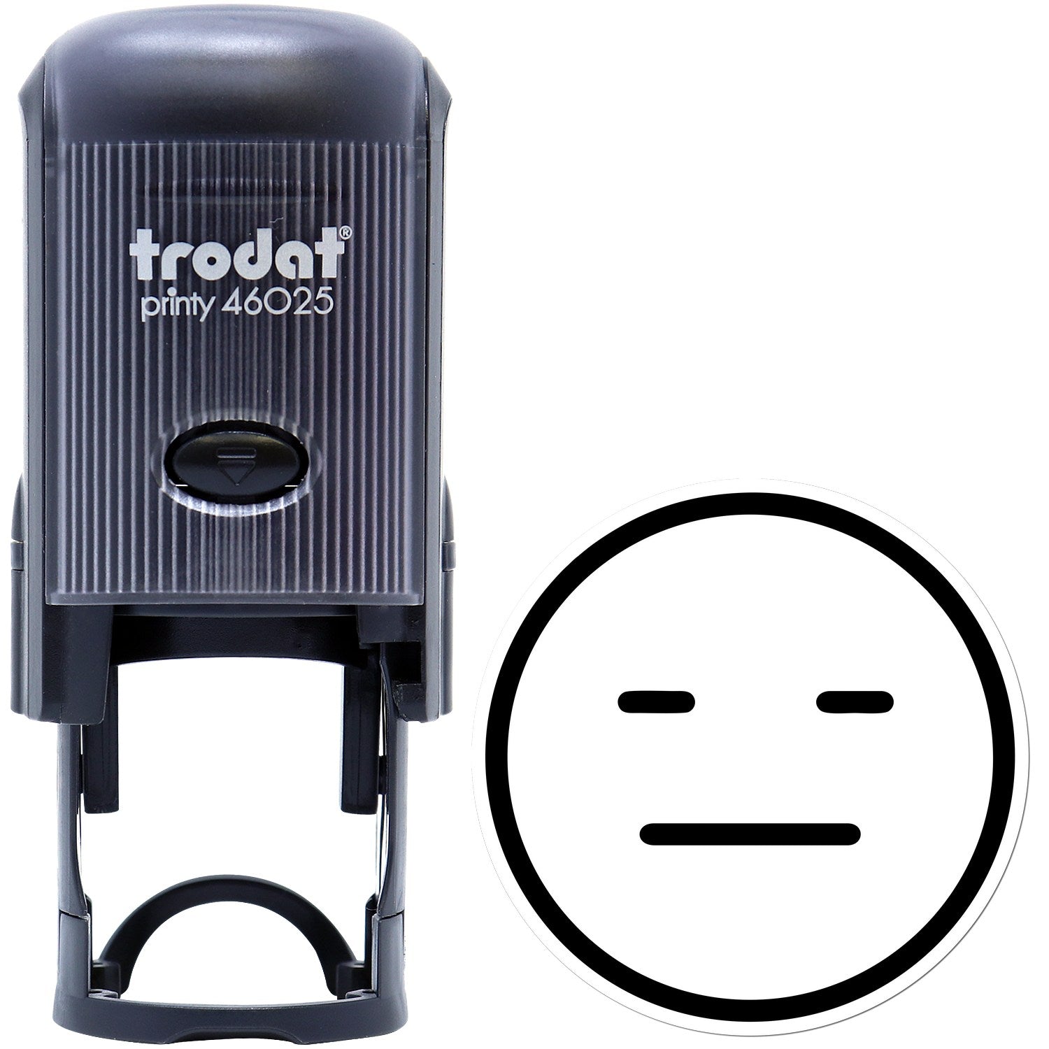 Self-Inking Meh Marvin Emoji Stamp featuring a black casing with a neutral face emoji design. Perfect for quick, repetitive stamping tasks.