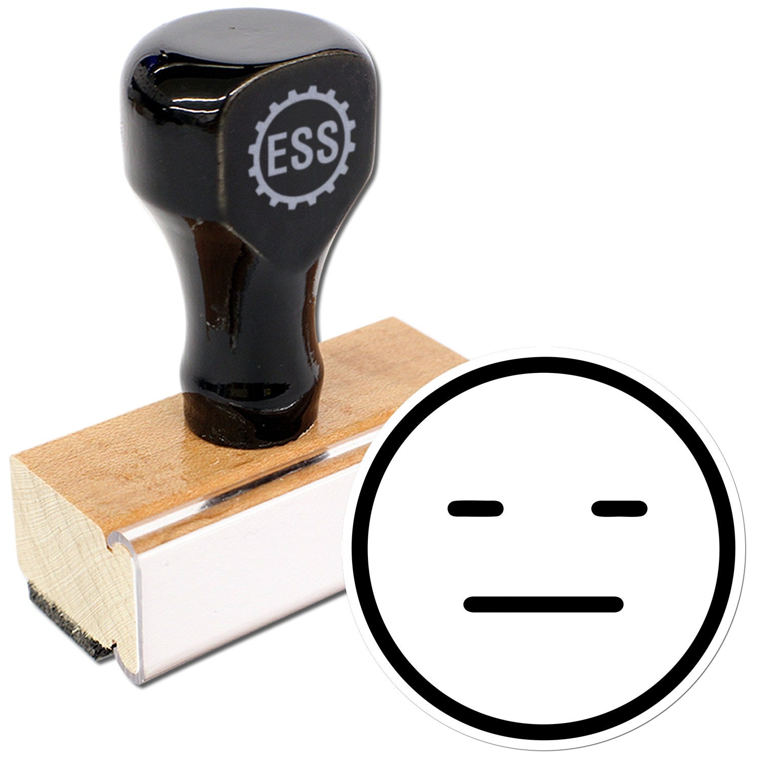 Wood Handle Meh Marvin Emoji Rubber Stamp featuring a black handle with ESS logo, mounted on a wooden base, and a stamp design of a neutral face emoji. Perfect for crafting and personalization.