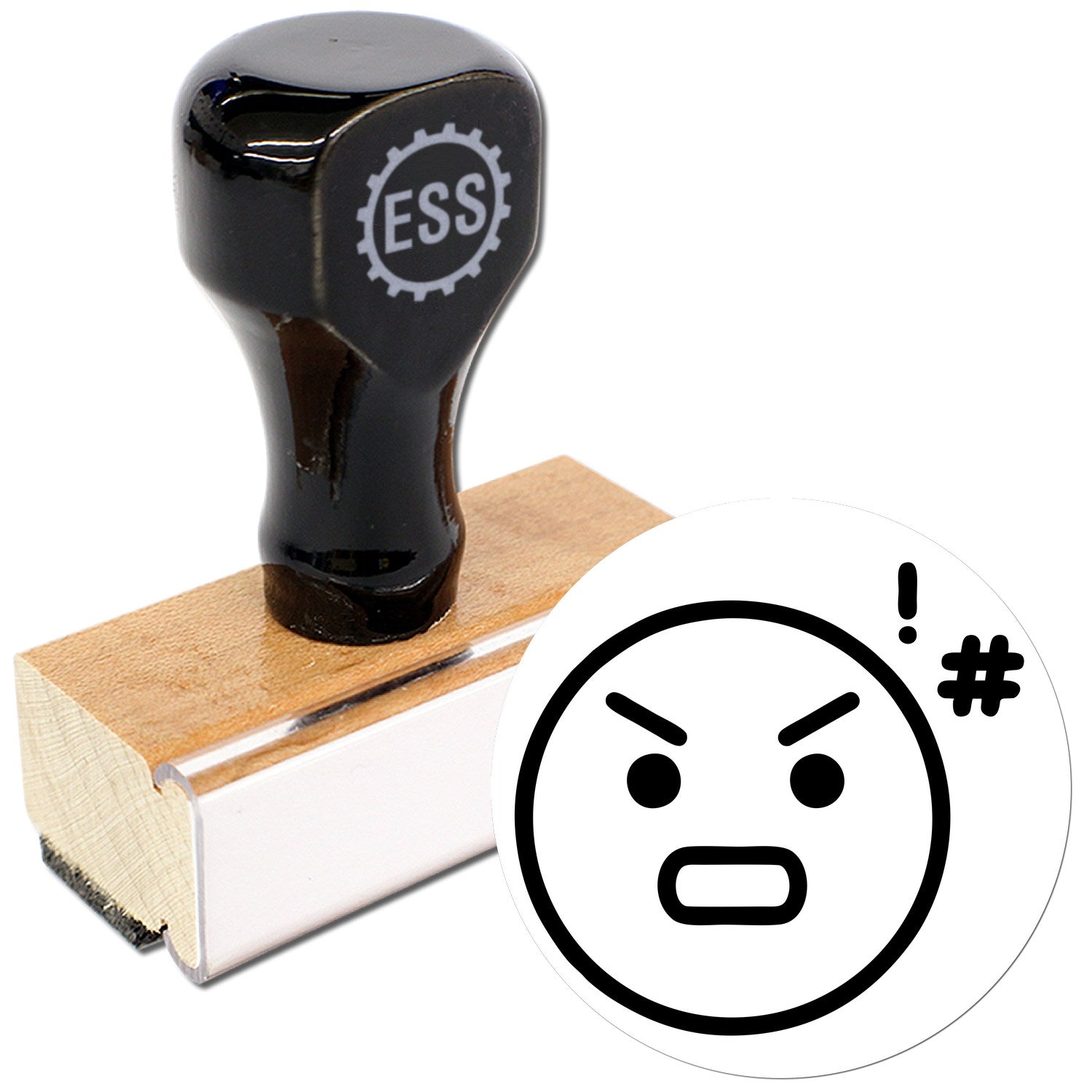 Wood Handle Angry Alfie Emoji Rubber Stamp featuring a black handle with ESS logo, wooden base, and an angry emoji design. Perfect for adding expressive flair to your projects.