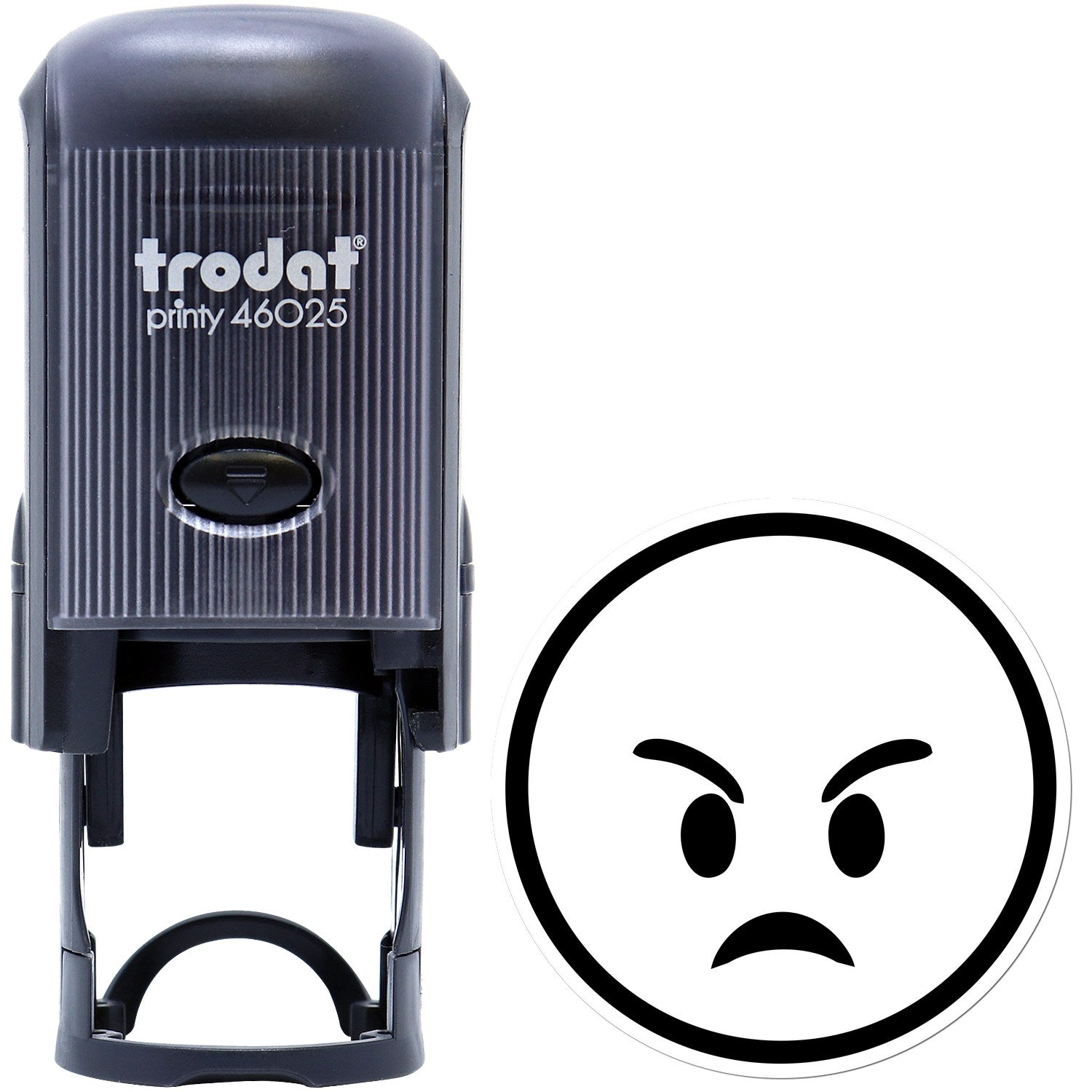 Self-Inking Furious Fred Emoji Stamp featuring a black casing with a built-in ink pad and an angry emoji design. Perfect for adding expressive stamps to documents and crafts.