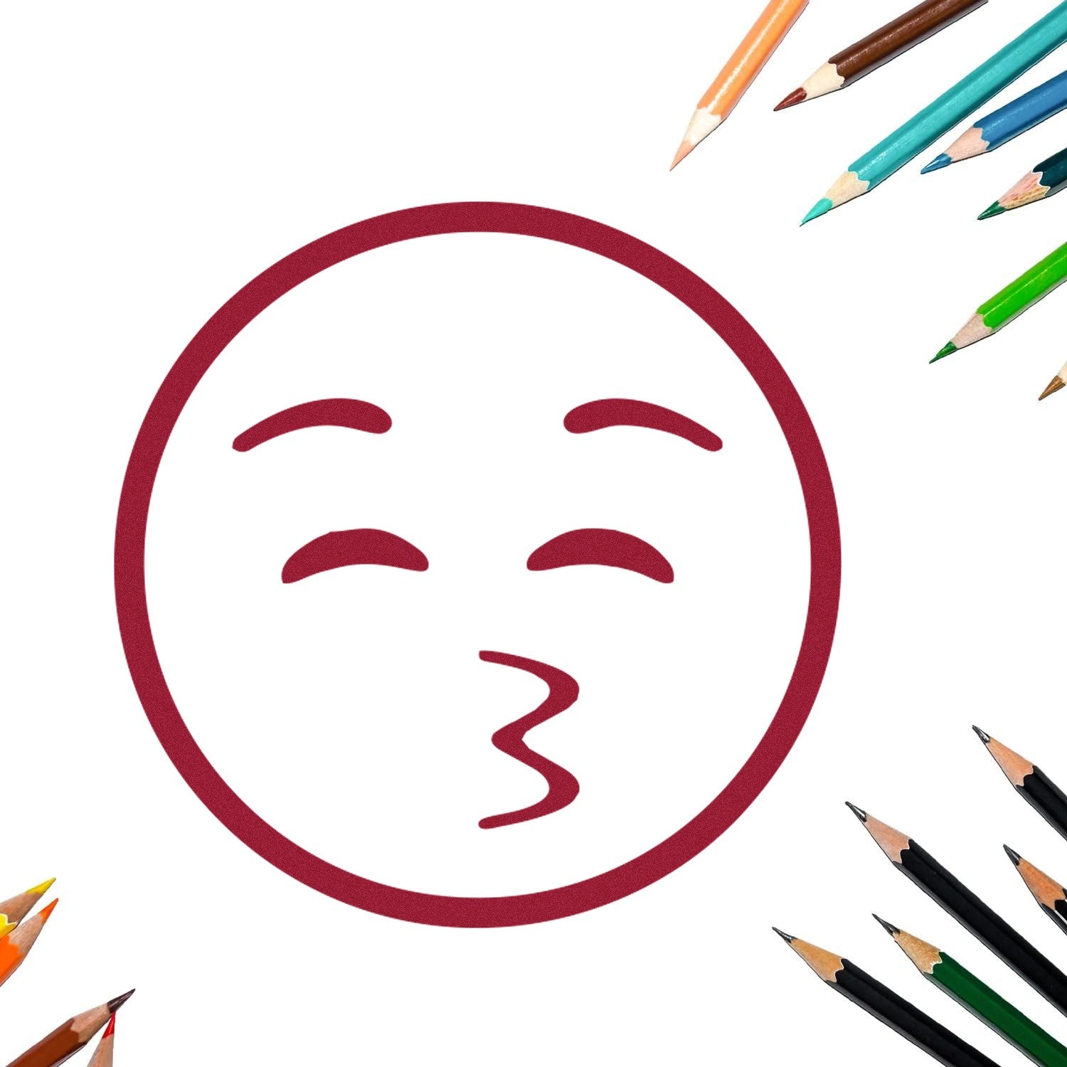 Self-Inking Whistling Willie Emoji Stamp with a playful whistling face design, surrounded by colorful pencils. Perfect for adding fun to crafts and stationery.