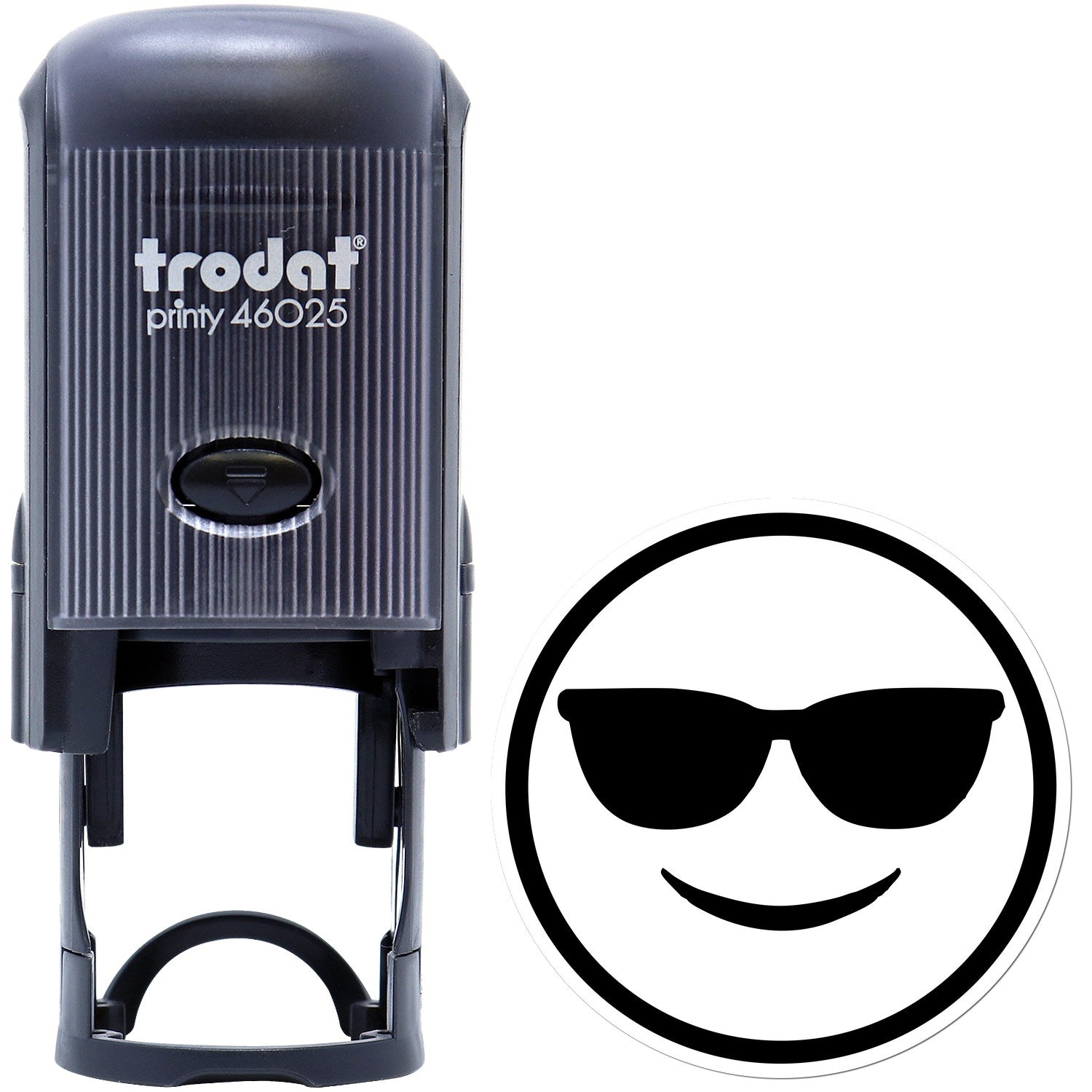 Self-Inking Cool Carl Emoji Stamp with a sleek black design and a smiling emoji wearing sunglasses. Perfect for adding fun to documents and crafts.