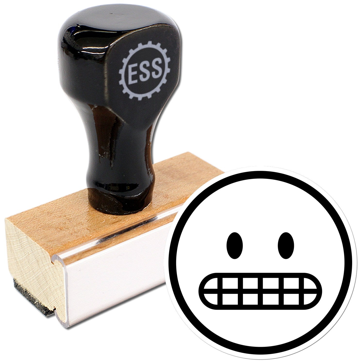 Wood Handle Awkward Alan Emoji Rubber Stamp featuring a black handle with ESS logo, mounted on a wooden base. Includes a circular stamp design of a grinning emoji with clenched teeth.