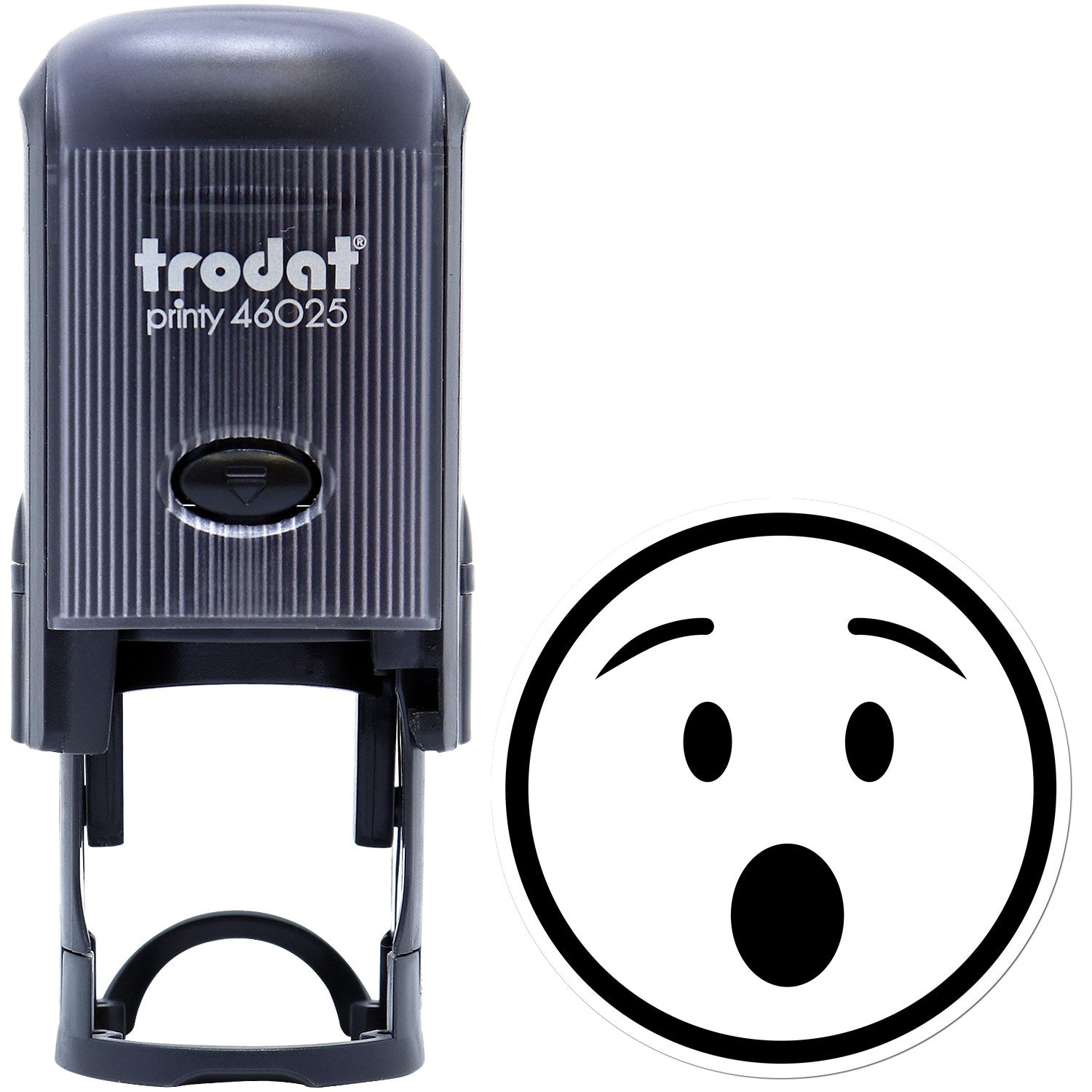 Self-Inking Amazed Andy Emotes Stamp featuring a black casing with a surprised face design. Ideal for adding expressive emotes to documents and crafts.