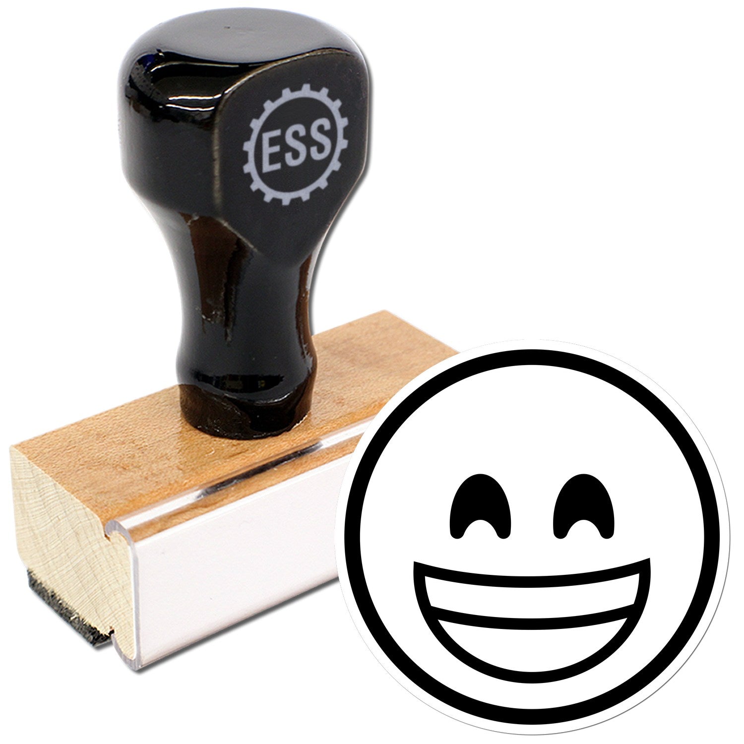 Wood Handle Elated Smile Emoji Rubber Stamp with a black top and wooden base, featuring a cheerful smiley face design. Perfect for adding a fun touch to crafts and stationery.