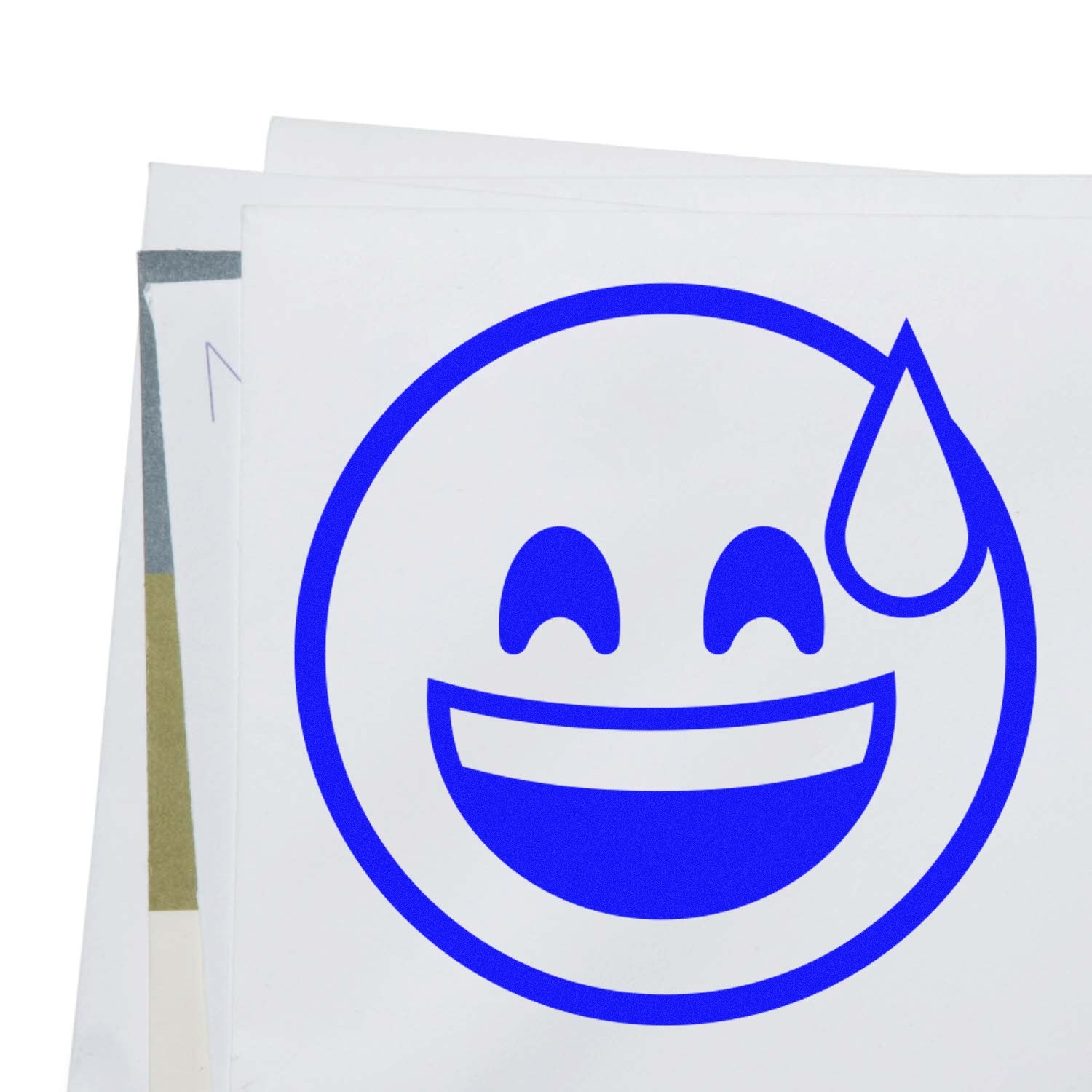 Self-Inking Blushing Chuckles Emoji Stamp with a smiling face and sweat drop, perfect for adding fun to documents. Compact design with vibrant blue ink.