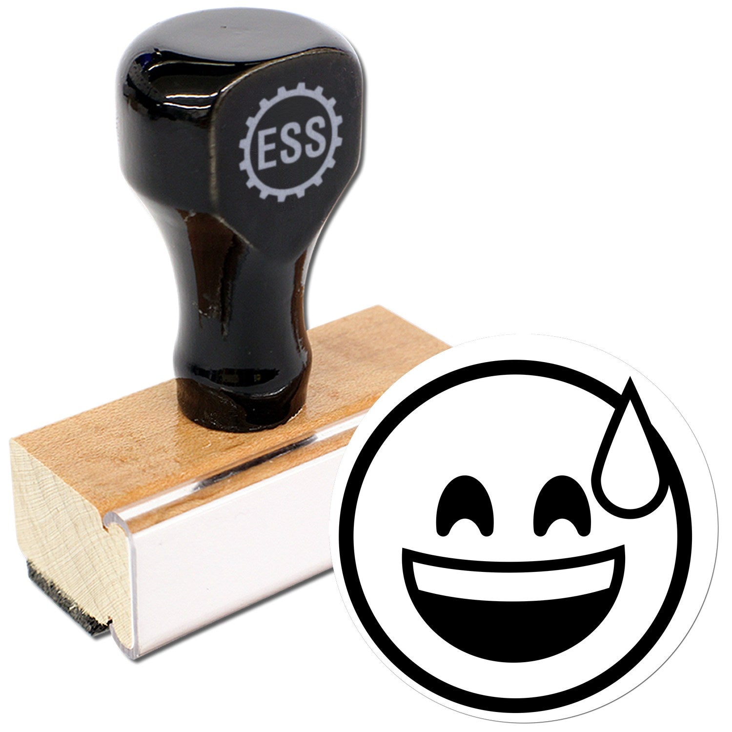 Wood Handle Blushing Chuckles Emoji Rubber Stamp featuring a wooden base and black handle, with a smiling emoji design. Perfect for adding a playful touch to crafts and stationery.