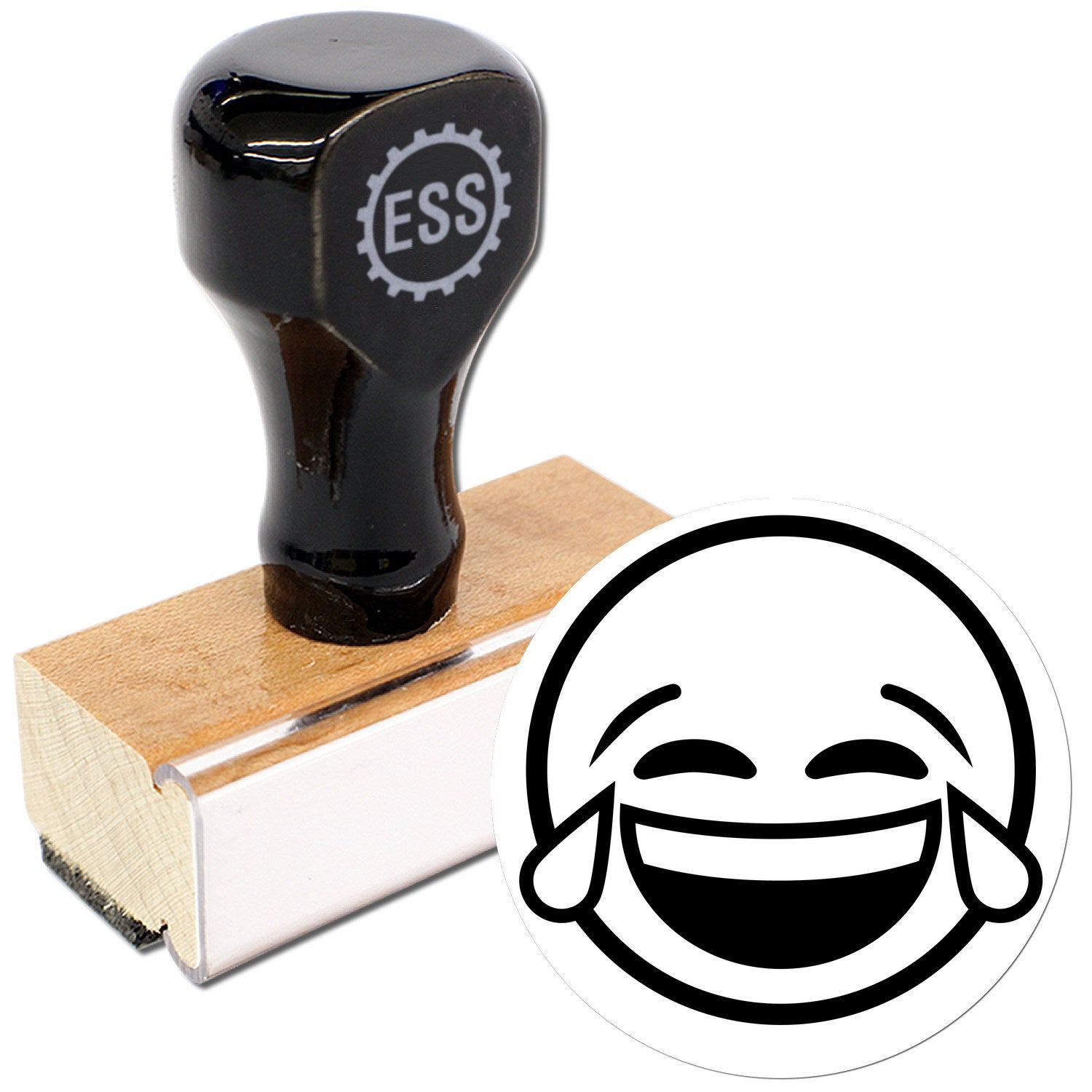 Wood Handle Tearful Giggles Emoji Rubber Stamp featuring a black handle and wooden base, alongside a stamped image of a laughing emoji with tears. Perfect for adding fun to your projects.