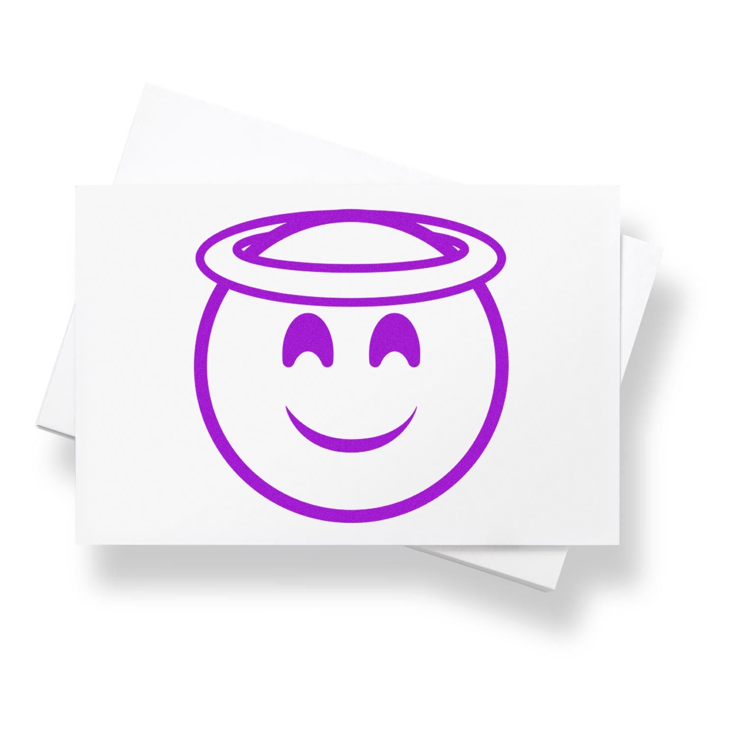 Wood Handle Halo Happiness Emoji Rubber Stamp featuring a smiling face with a halo in vibrant purple, perfect for adding a cheerful touch to crafts and stationery.