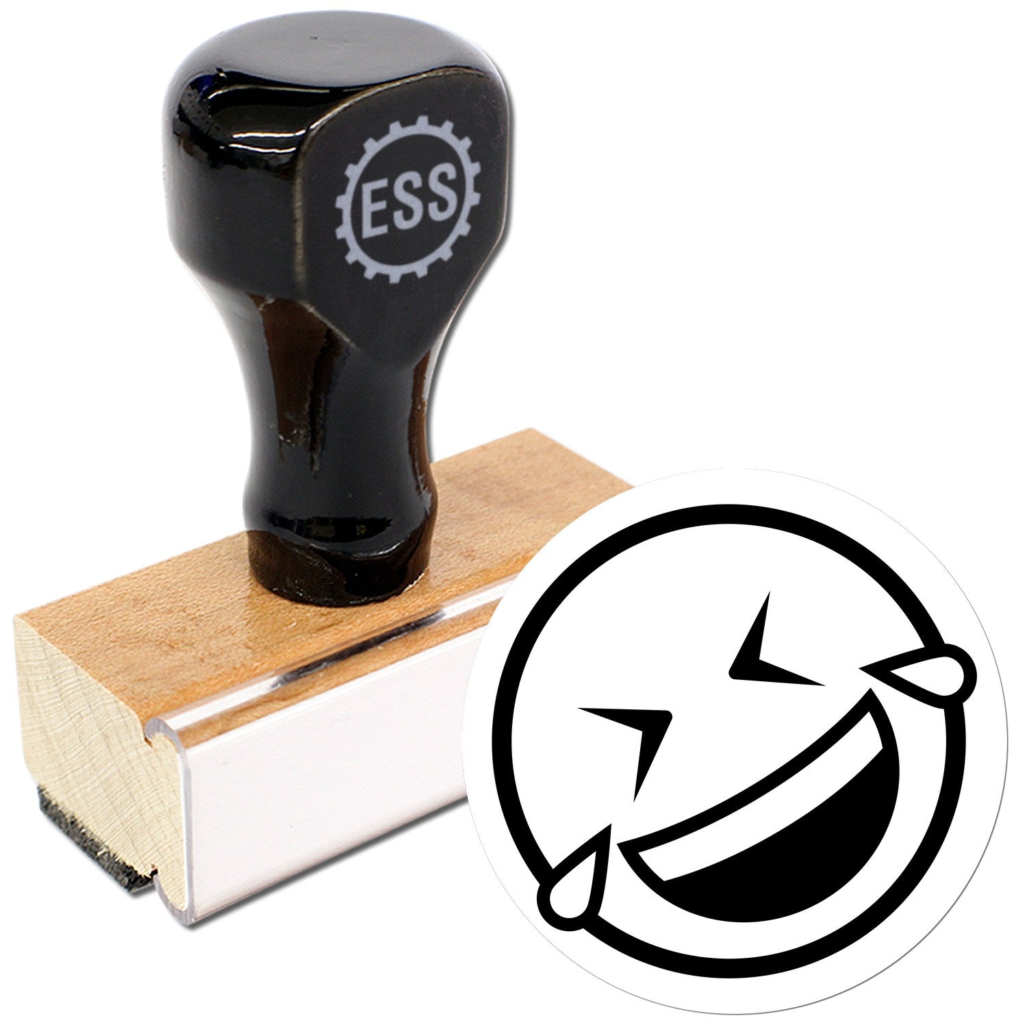 Wood Handle Laugh Riot Smiley Rubber Stamp with black top and engraved ESS logo, featuring a wooden base and a laughing smiley face design.