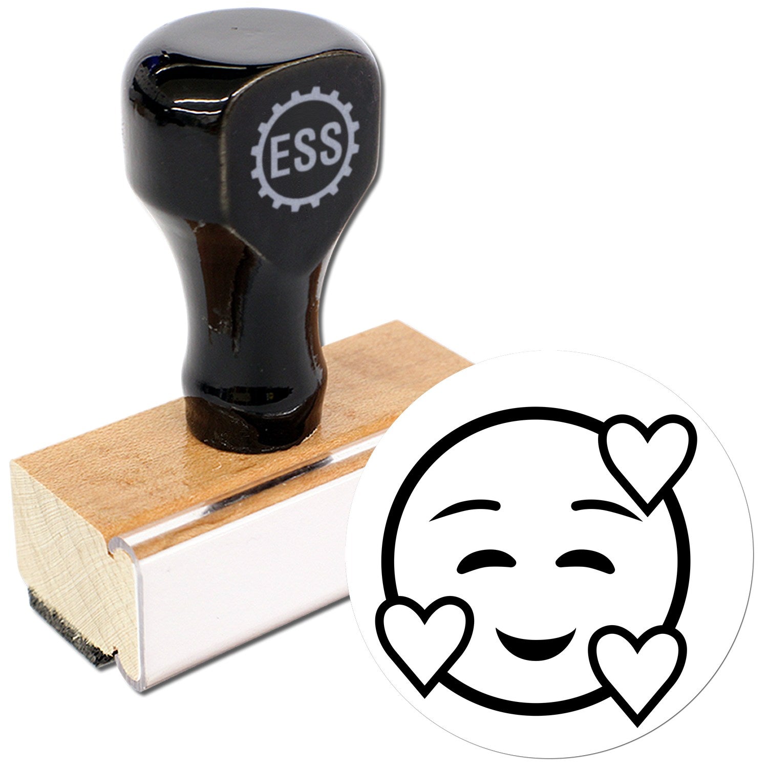 Wood Handle Love-Struck Emotes Rubber Stamp featuring a black handle with ESS logo, wooden base, and a smiling face with heart eyes design. Perfect for crafting and personalizing projects.