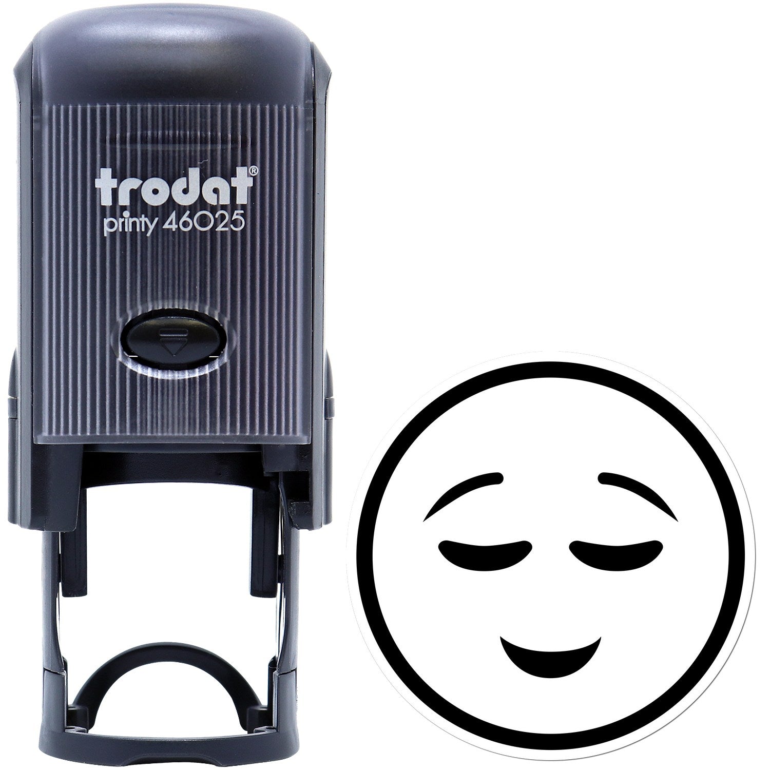 Self-Inking Contentment Facial Expressions Stamp featuring a sleek black design with a content smiley face imprint, perfect for adding a touch of emotion to your documents.