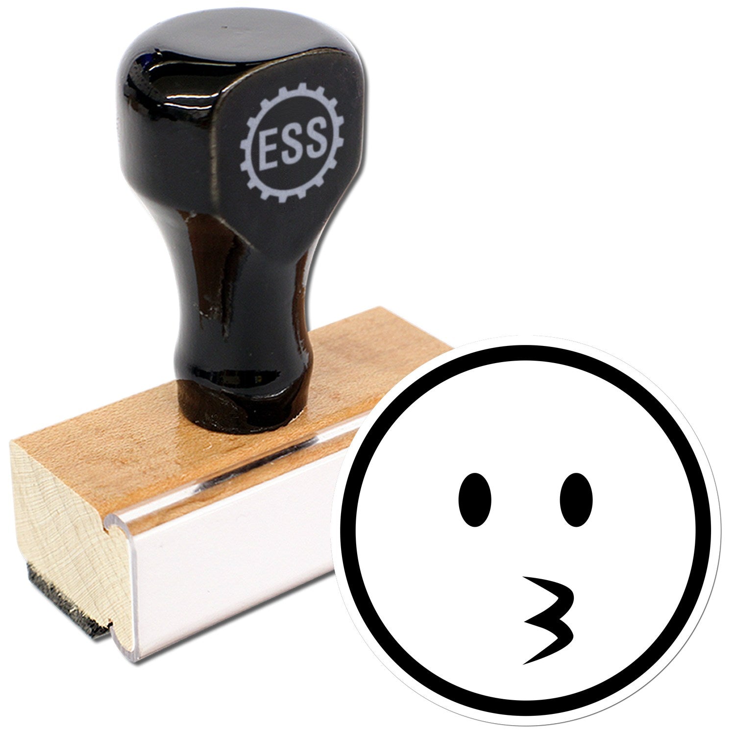 Wood Handle Whistling Wil Emojicons Rubber Stamp featuring a black handle with ESS logo, mounted on a wooden base, and a round stamp face with a whistling emoji design.