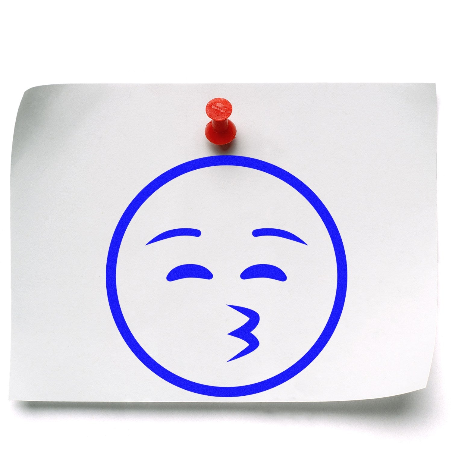 Wood Handle Whistling Wanderer Emoji Rubber Stamp on white paper, featuring a blue whistling emoji face. Perfect for crafting and personalizing stationery.