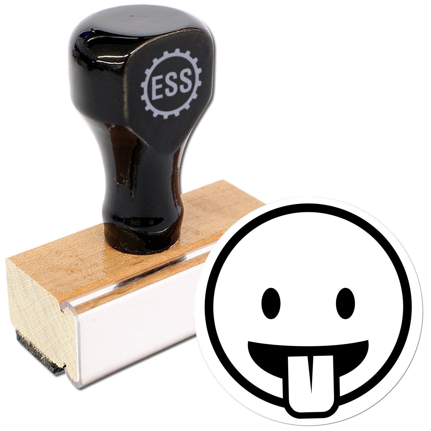 Wood Handle Goofy Grin Emoji Rubber Stamp with a black top and wooden base, featuring a playful tongue-out emoji design. Perfect for adding fun to crafts and stationery.