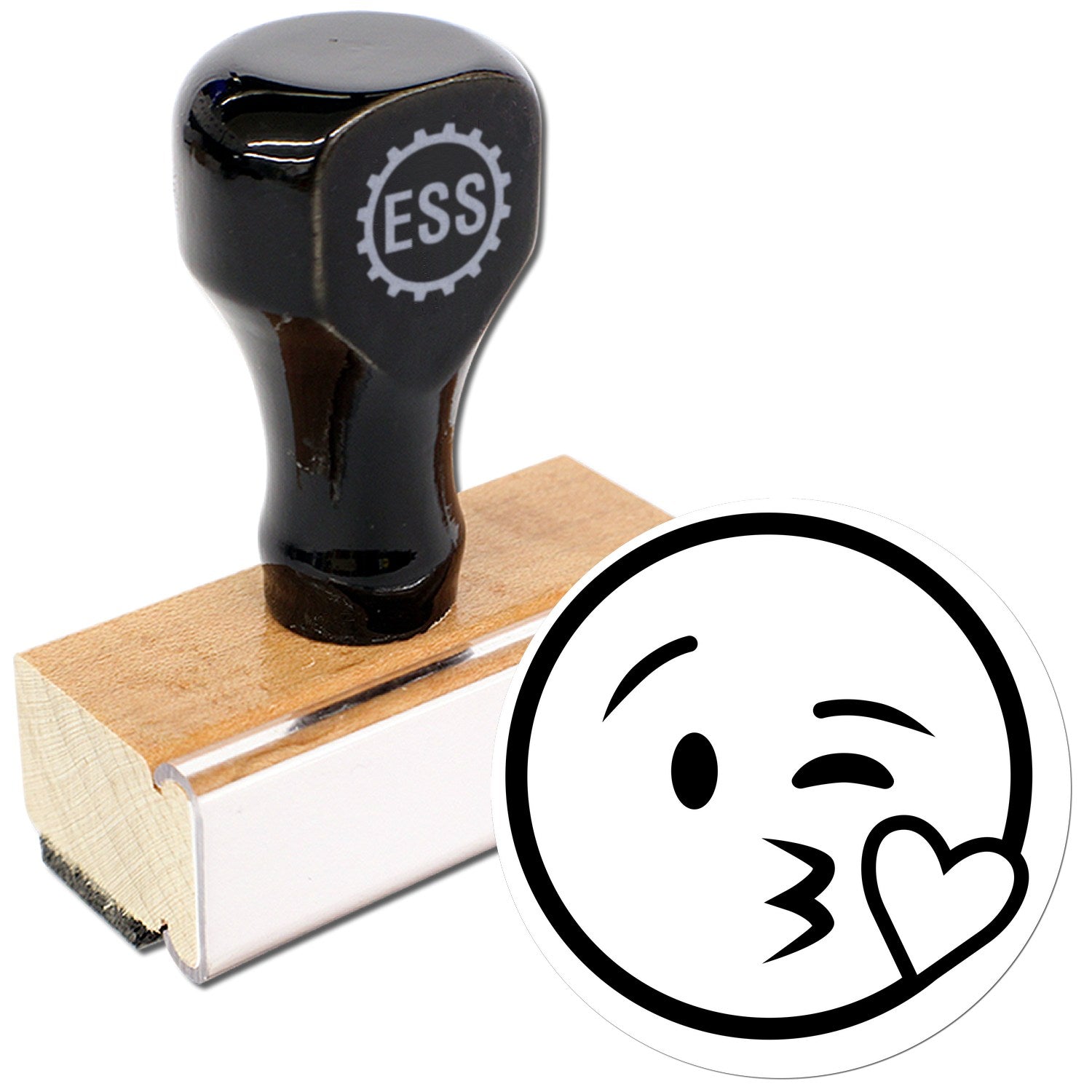 Wood Handle Blowing a Kiss Emoji Rubber Stamp featuring a sleek black handle and a wooden base, perfect for adding a playful touch to crafts and stationery.