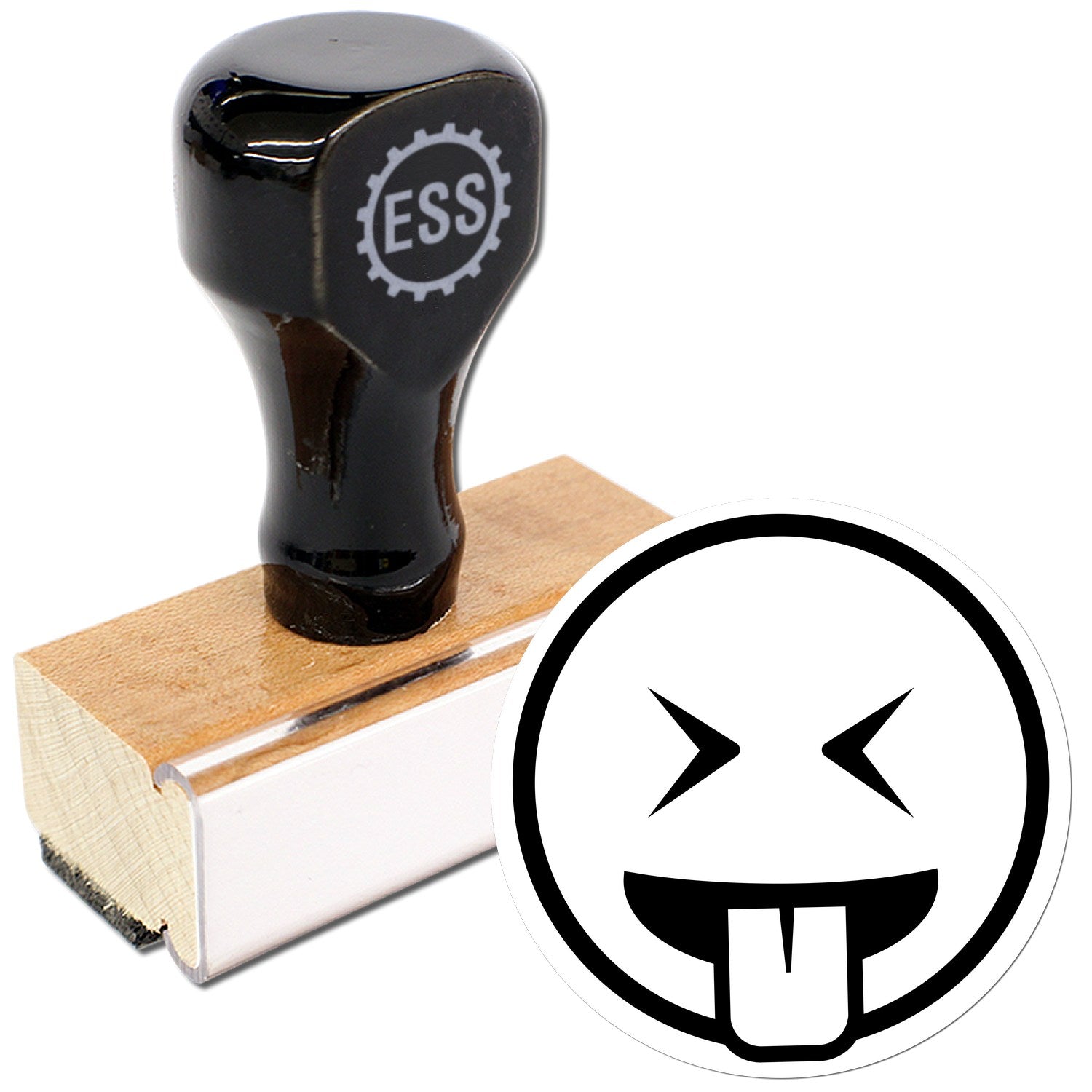 Wood Handle Crazy Face Emoji Rubber Stamp with a black handle and wooden base, featuring a playful face with crossed eyes and a tongue sticking out. Perfect for adding fun to your projects.