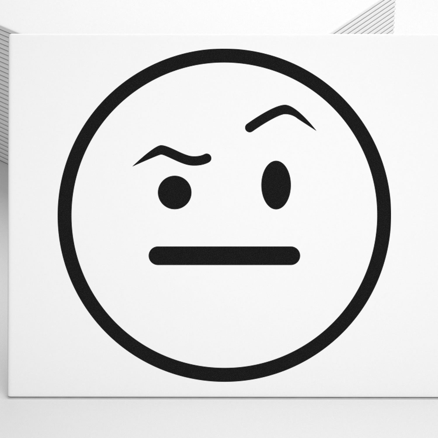 Self-Inking Skeptical Stare Emoji Stamp on white paper, showcasing a bold, black skeptical face with raised eyebrows. Perfect for adding personality to documents and crafts.