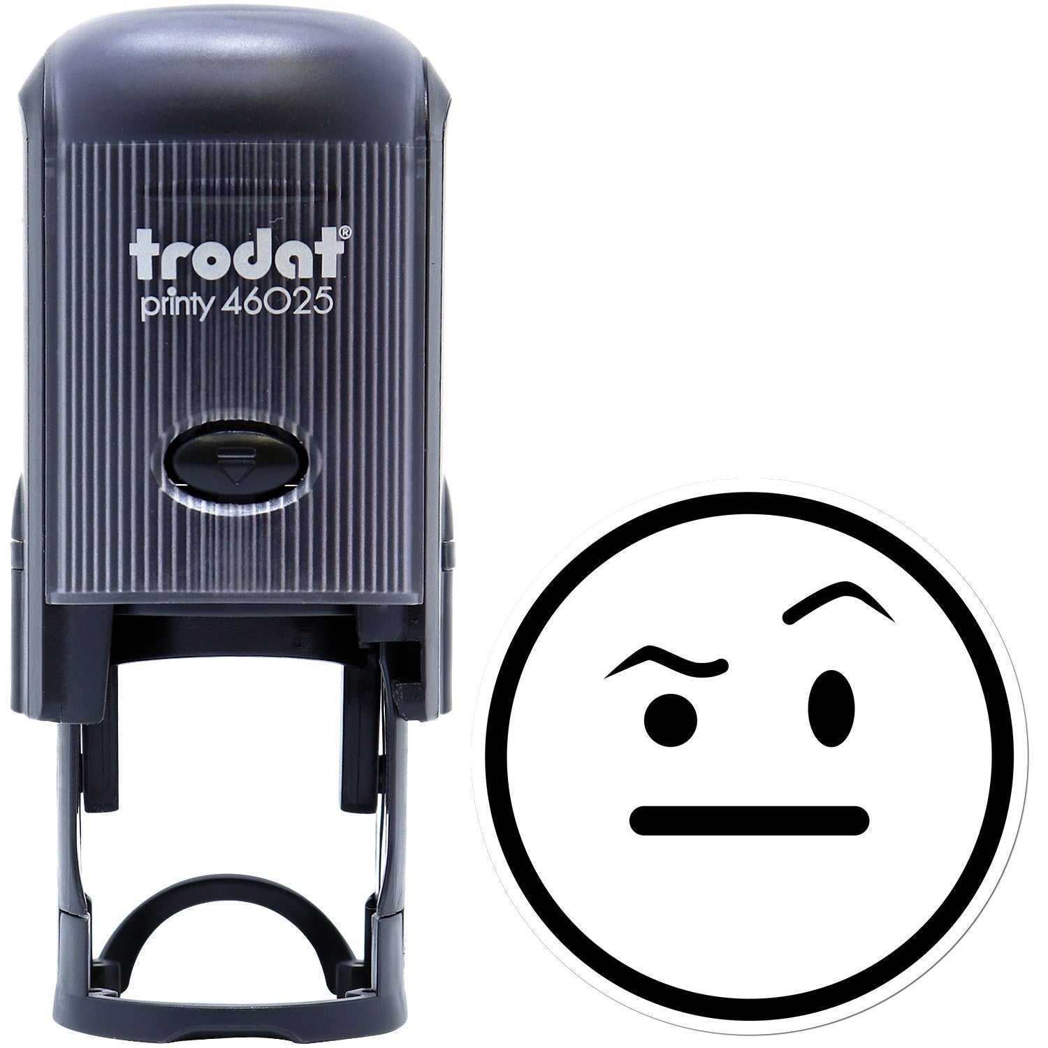 Self-Inking Skeptical Stare Emoji Stamp with a black casing and a skeptical face design. Perfect for adding a touch of humor to documents.