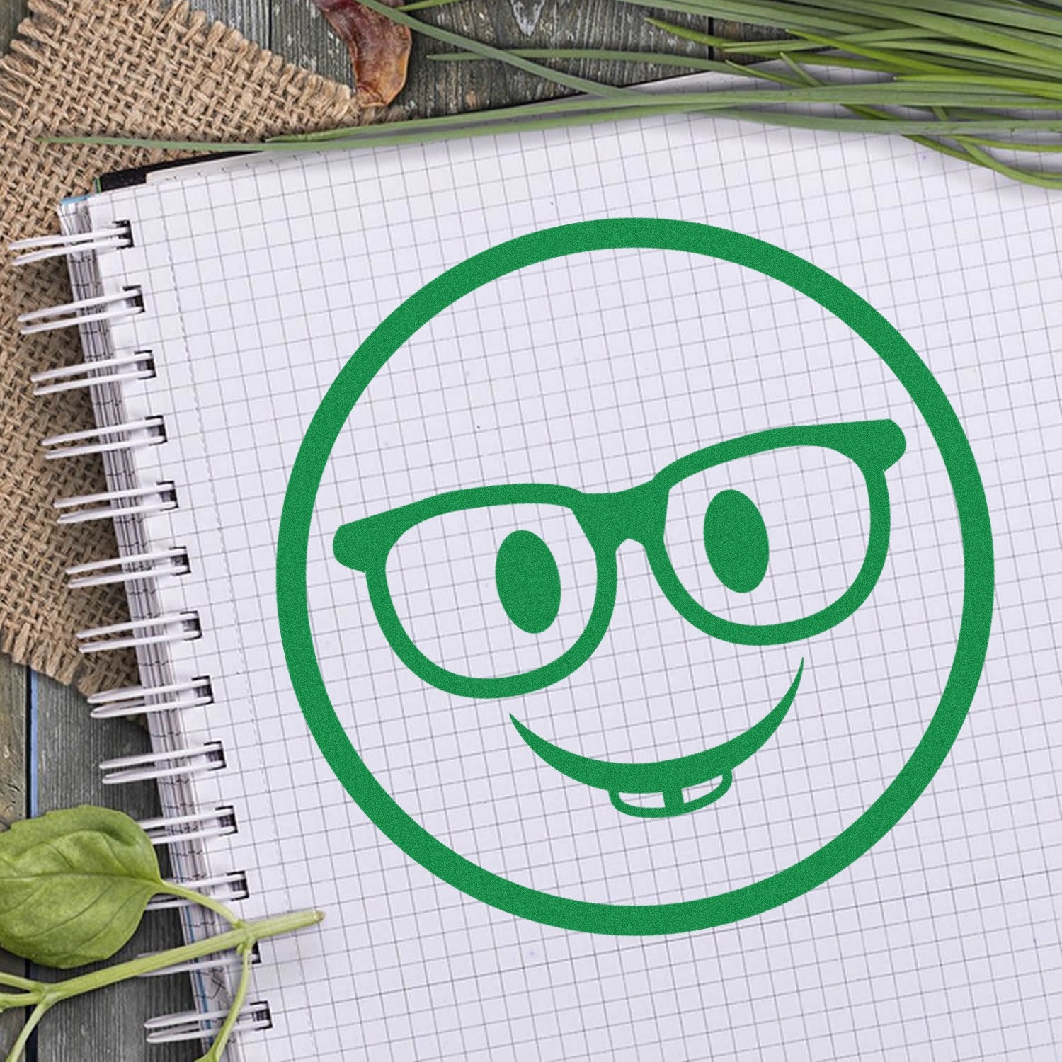 Wood Handle Wise Guy Smiley Rubber Stamp featuring a green smiley face with glasses, stamped on a spiral notebook. Perfect for adding a playful touch to your stationery or crafts.