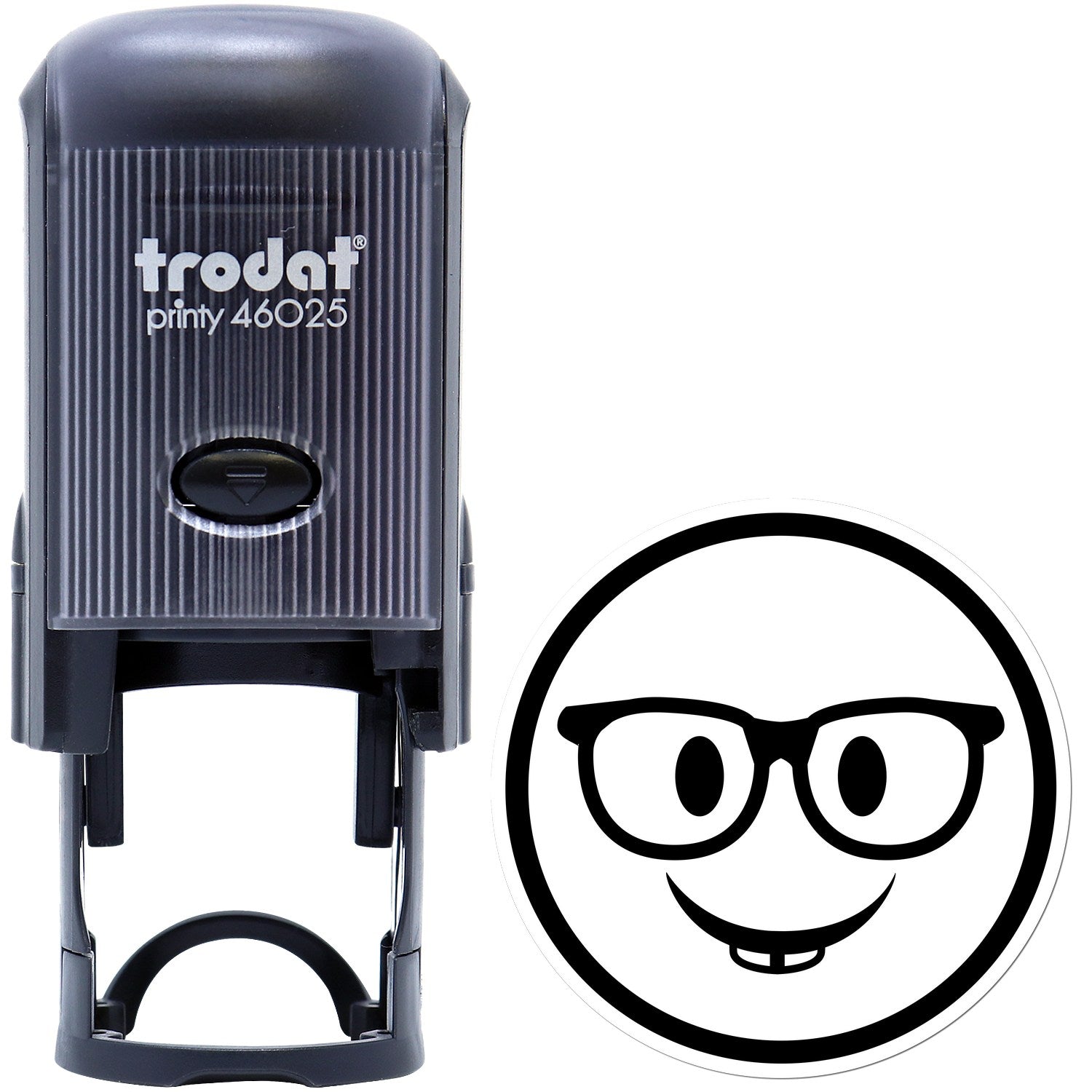 Self-Inking Wise Guy Smiley Stamp featuring a black casing and a smiling face with glasses design. Perfect for adding a fun touch to documents.