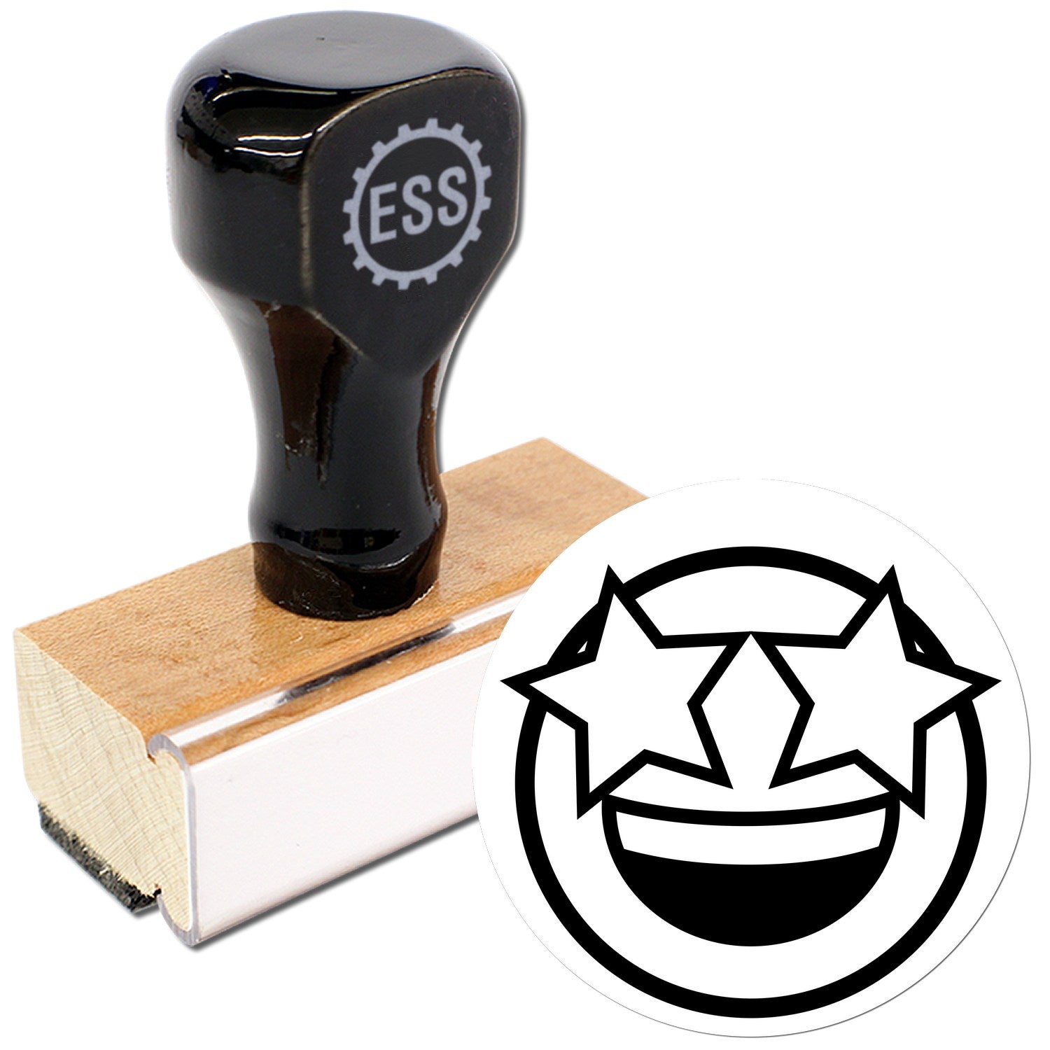 Wood Handle Starry Eyed Emotes Rubber Stamp with black handle and wooden base, featuring a starry-eyed smiley face design. Perfect for crafting and personalizing projects.