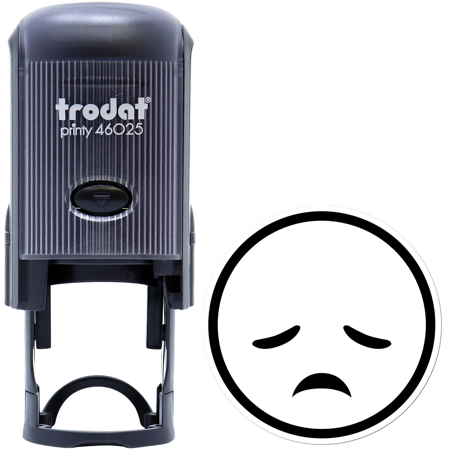 Self-Inking Sad Sammy Emojicons Stamp featuring a black casing and a sad face emoji imprint. Ideal for adding expressive touches to documents and crafts.