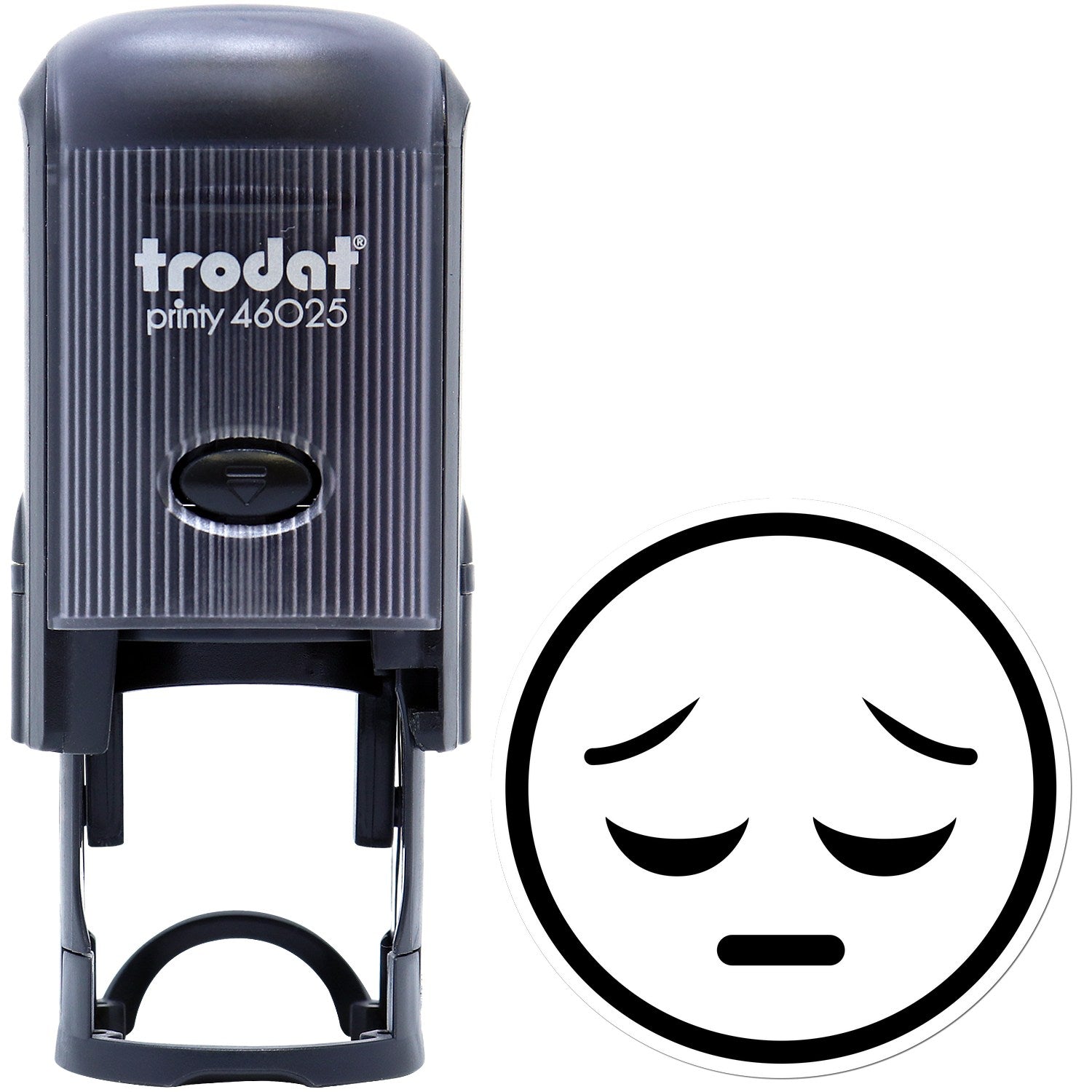 Self-Inking Silent Sorrow Emoji Stamp with a sleek black design and a sad face emoji imprint, perfect for adding expressive touches to documents.