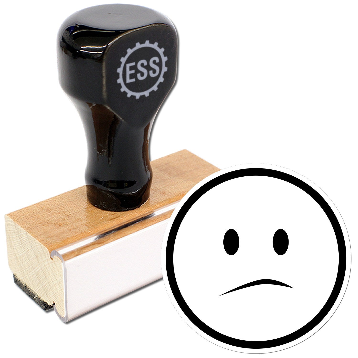 Wood Handle Solemn Simplicity Emoji Rubber Stamp featuring a black handle with ESS logo, mounted on a wooden base, and a solemn face emoji design. Perfect for crafting and personalizing.