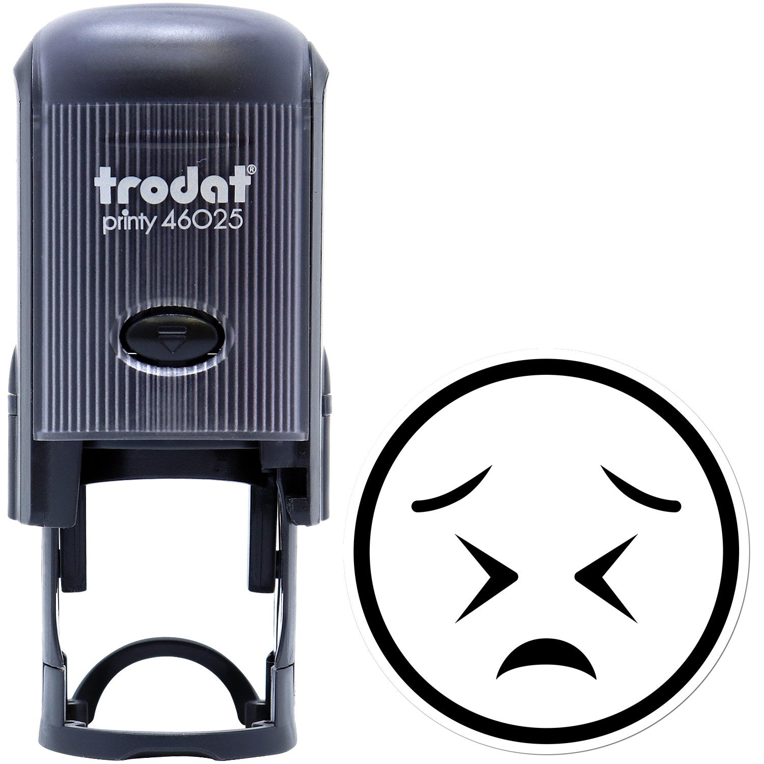 Self-Inking Starry Sadness Emoji Stamp featuring a black casing and a sad face design. Perfect for adding a touch of emotion to documents and crafts.