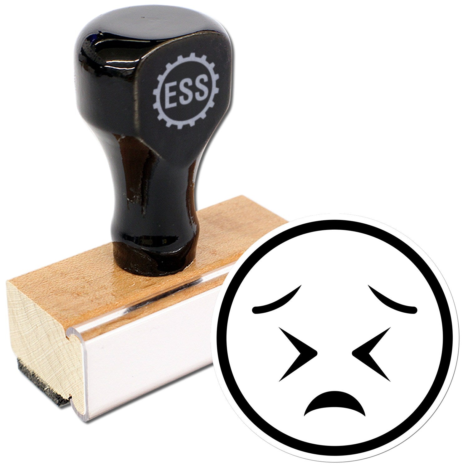 Wood Handle Starry Sadness Emoji Rubber Stamp featuring a black handle with ESS logo, wooden base, and a sad emoji design. Perfect for adding a unique touch to crafts and stationery.