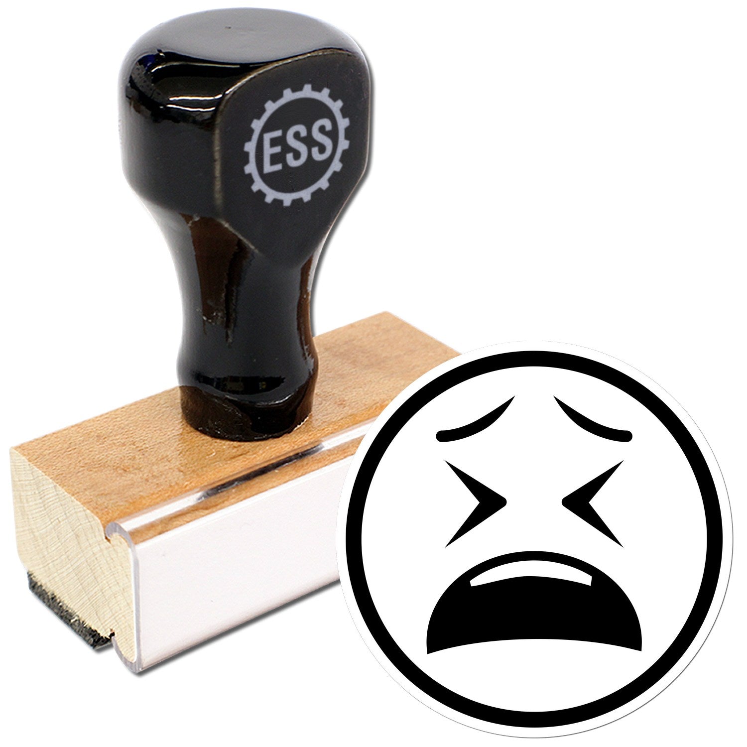 Wood Handle Clenched Cry Emoji Rubber Stamp featuring a black handle with ESS logo, wooden base, and a crying emoji design. Perfect for adding expressive details to crafts and documents.