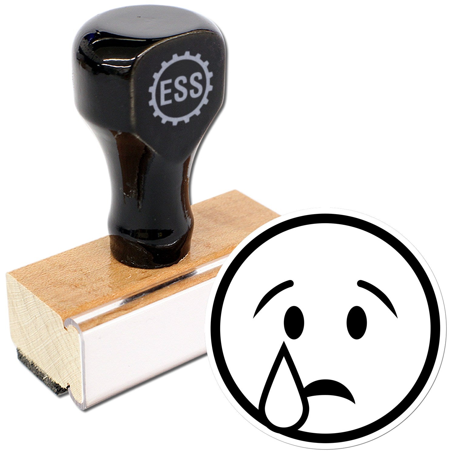 Wood Handle Teary Timmy Emoji Rubber Stamp featuring a black handle with ESS logo, wooden base, and a teary-eyed emoji design. Perfect for adding a playful touch to your projects.