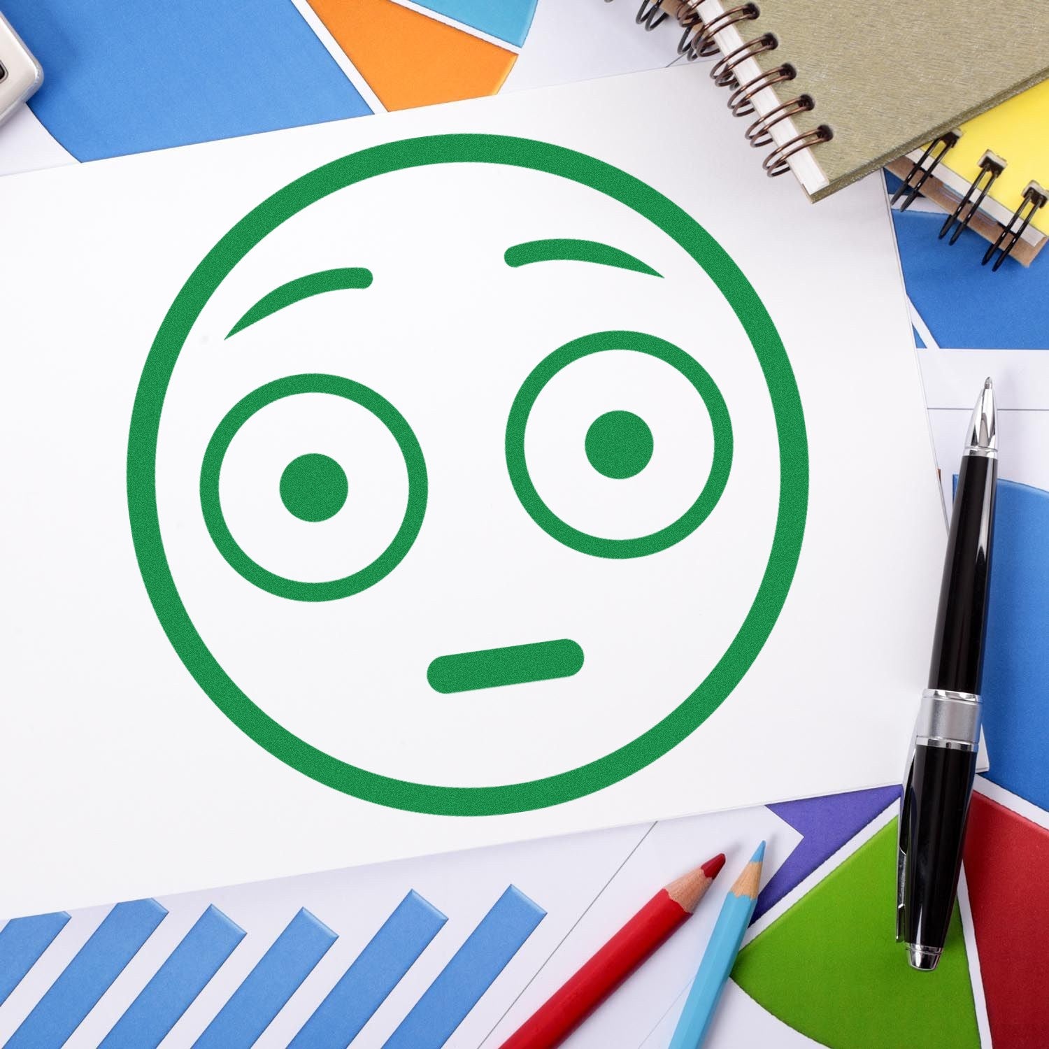 Self-Inking Wide-Eyed Wally Pictogram Stamp on paper, showing a green wide-eyed face. Surrounded by colorful papers, a notebook, pen, and pencils. Perfect for adding fun expressions to documents.